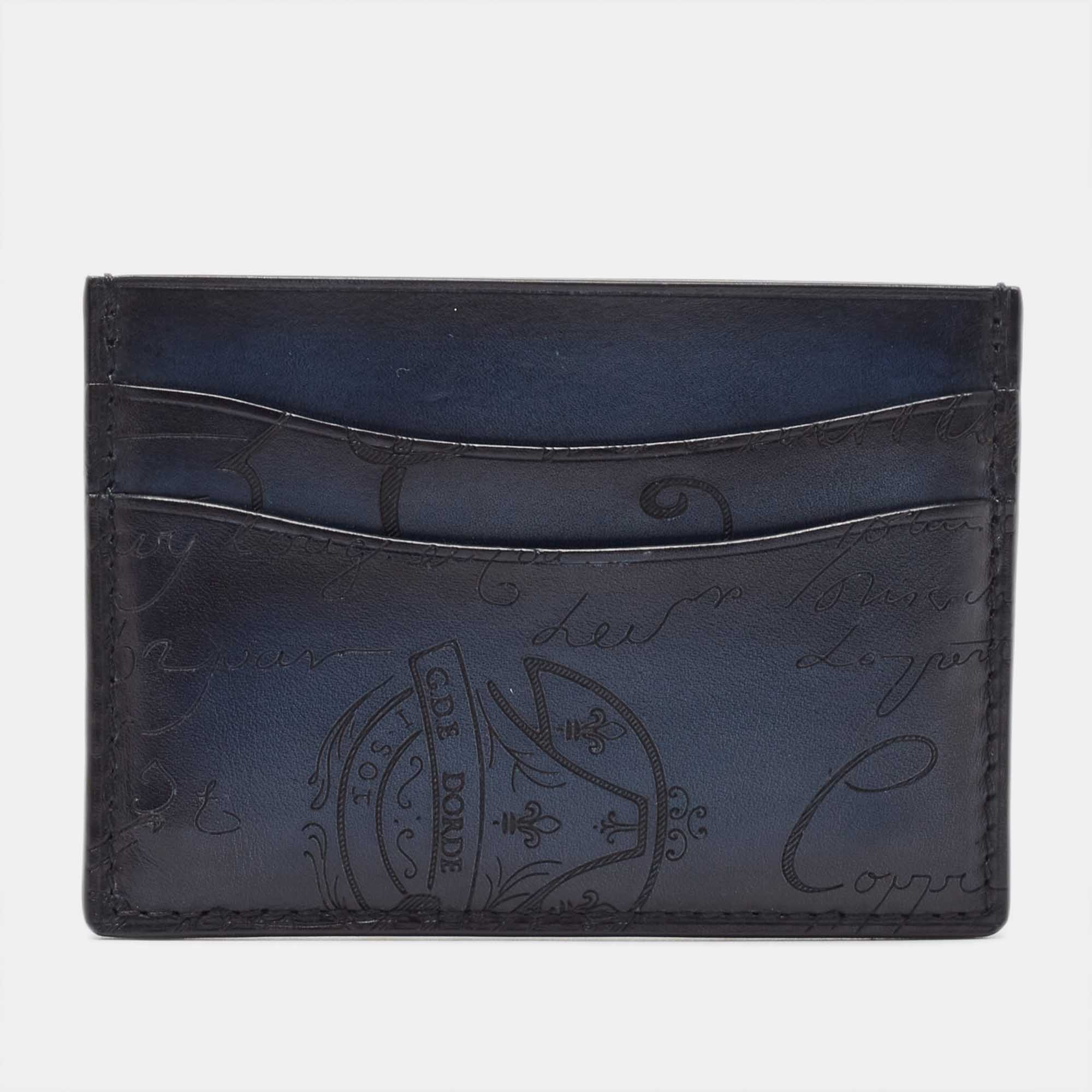 Pre Owned Berluti Blue/Black Scritto Leather Bambou Card Holder