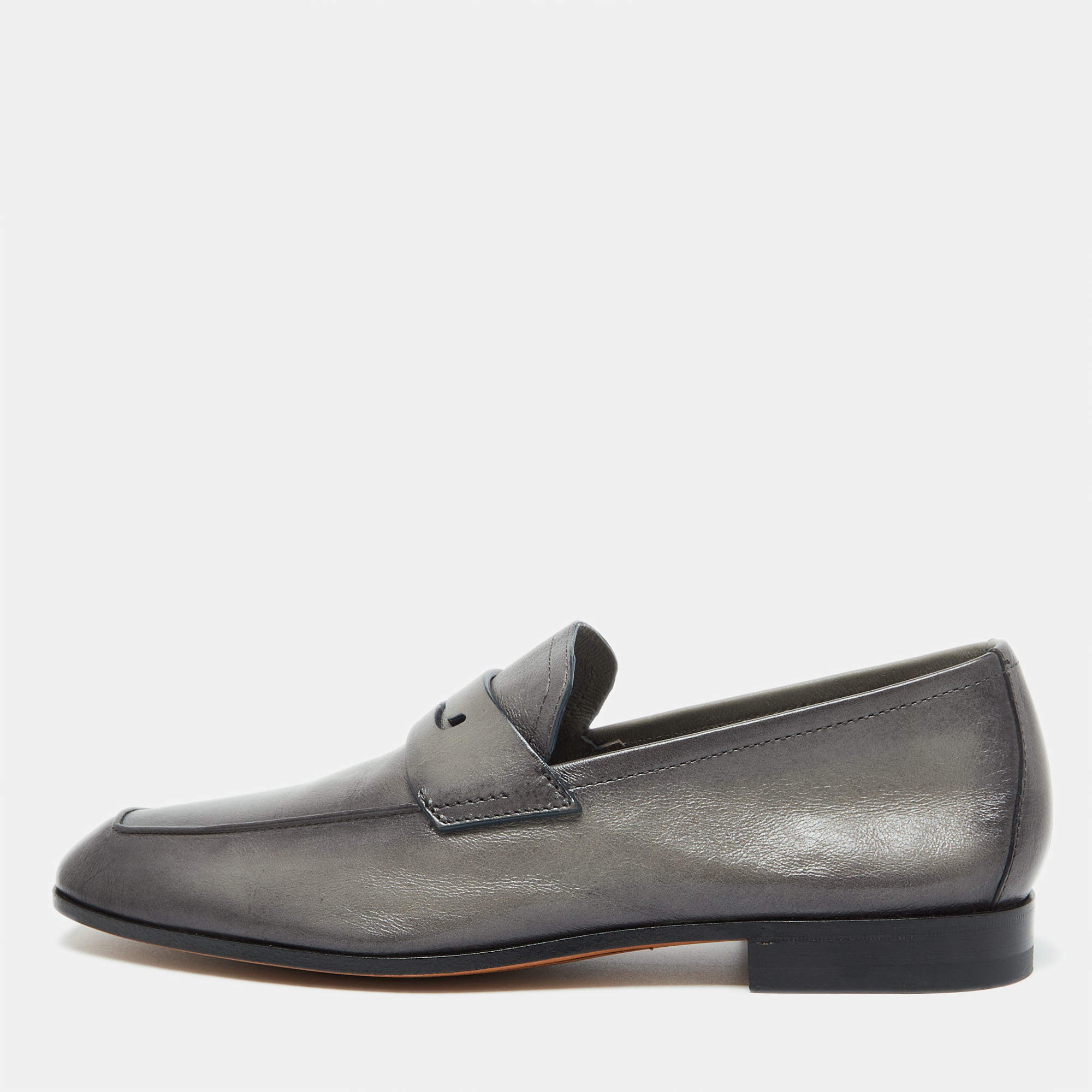 Berluti Grey Leather Lorenzo Scritto Loafers Size 39