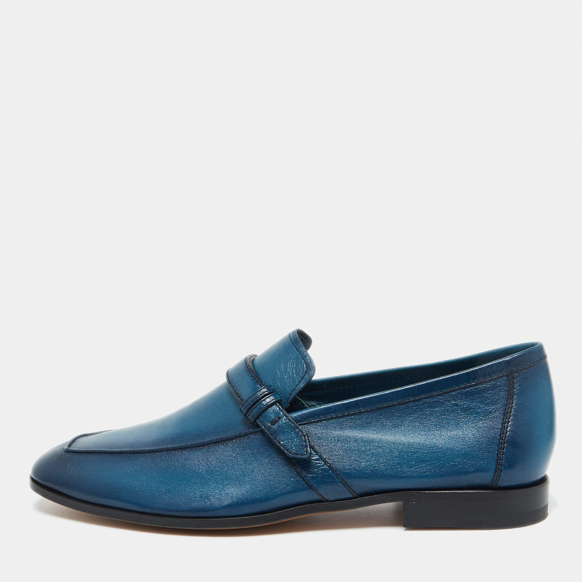 Berluti Blue Leather Strap Detail Slip On Loafers Size 39.5