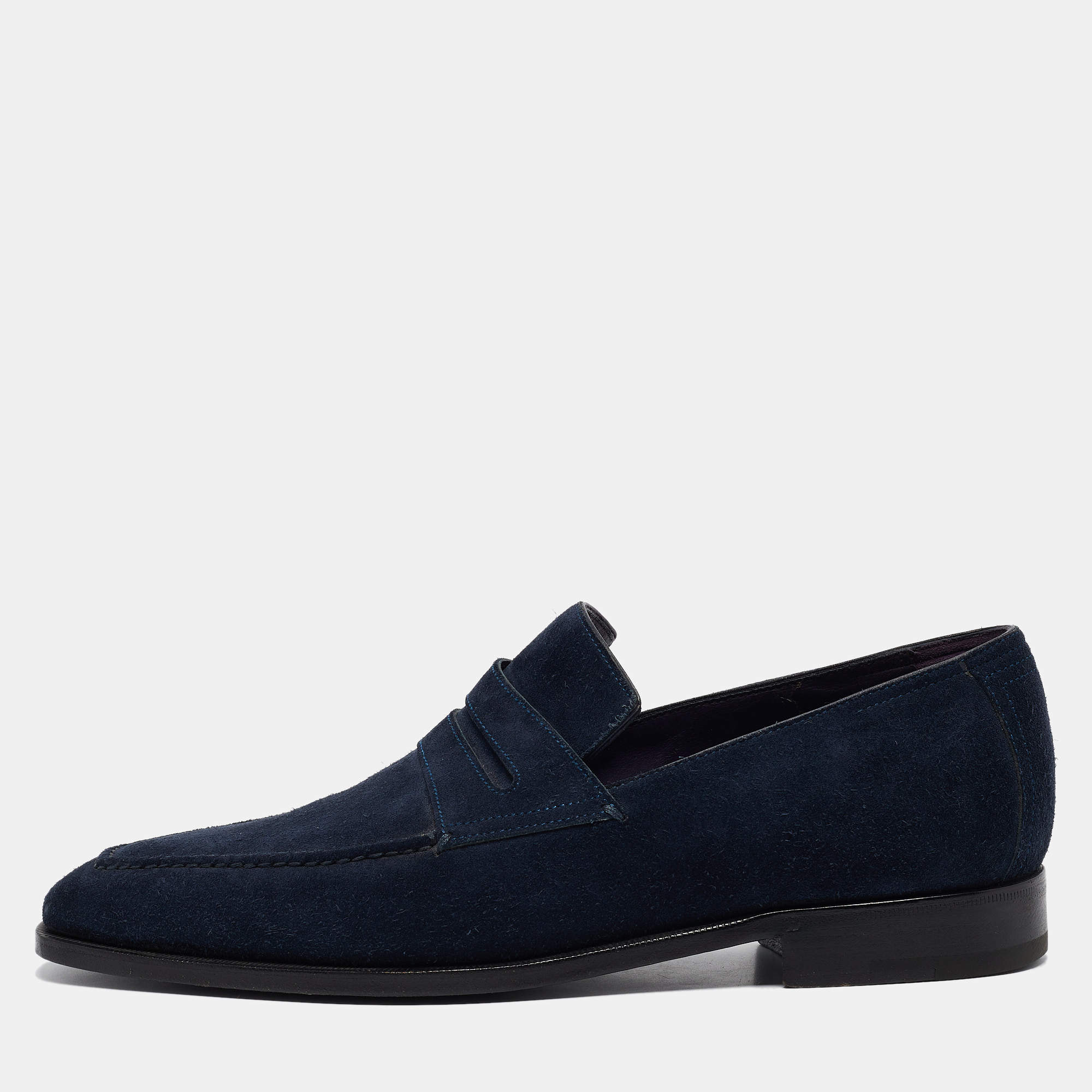 Berluti Navy Blue Suede Penny Loafers Size 41