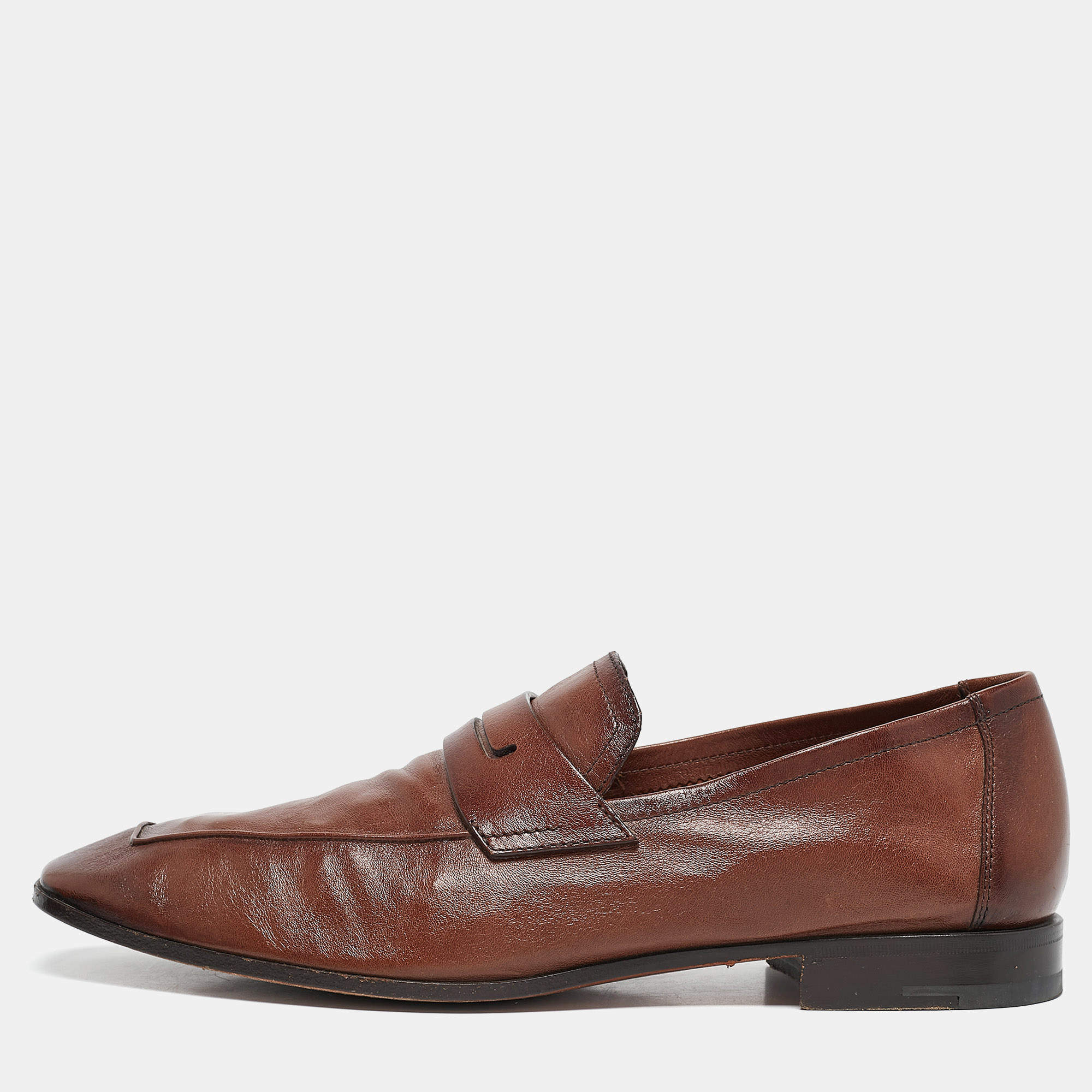 Berluti Brown Leather Lorenzo Penny Slip On Loafers Size 42