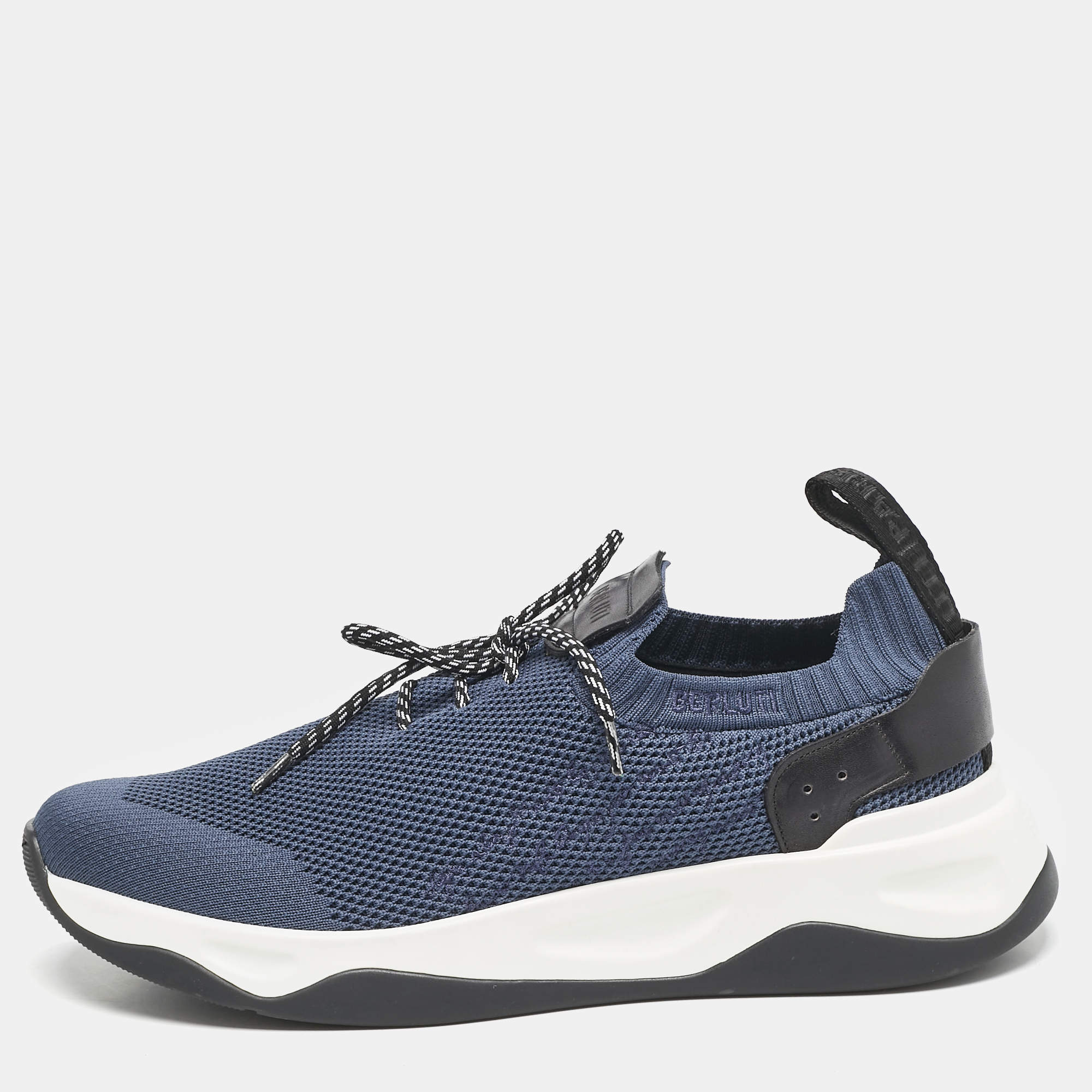 Berluti Navy Blue Shadow Knit Fabric Low Top Sneakers Size 46
