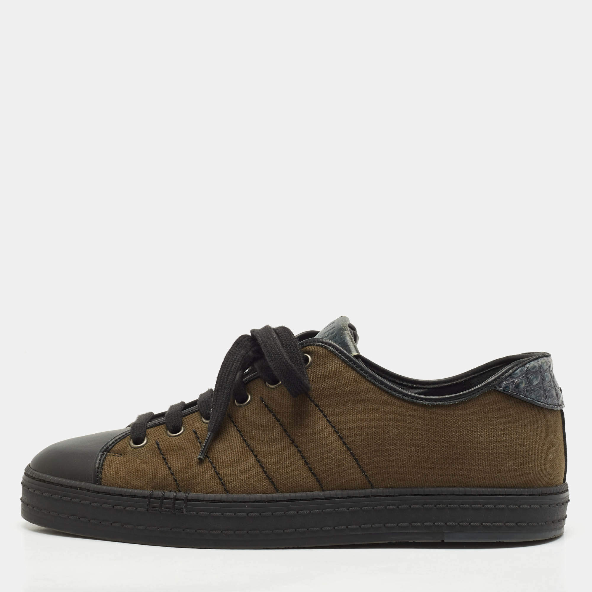 Berluti Green/Black Alligator Leather and Canvas Playfield Lace Up Sneakers Size 42.5