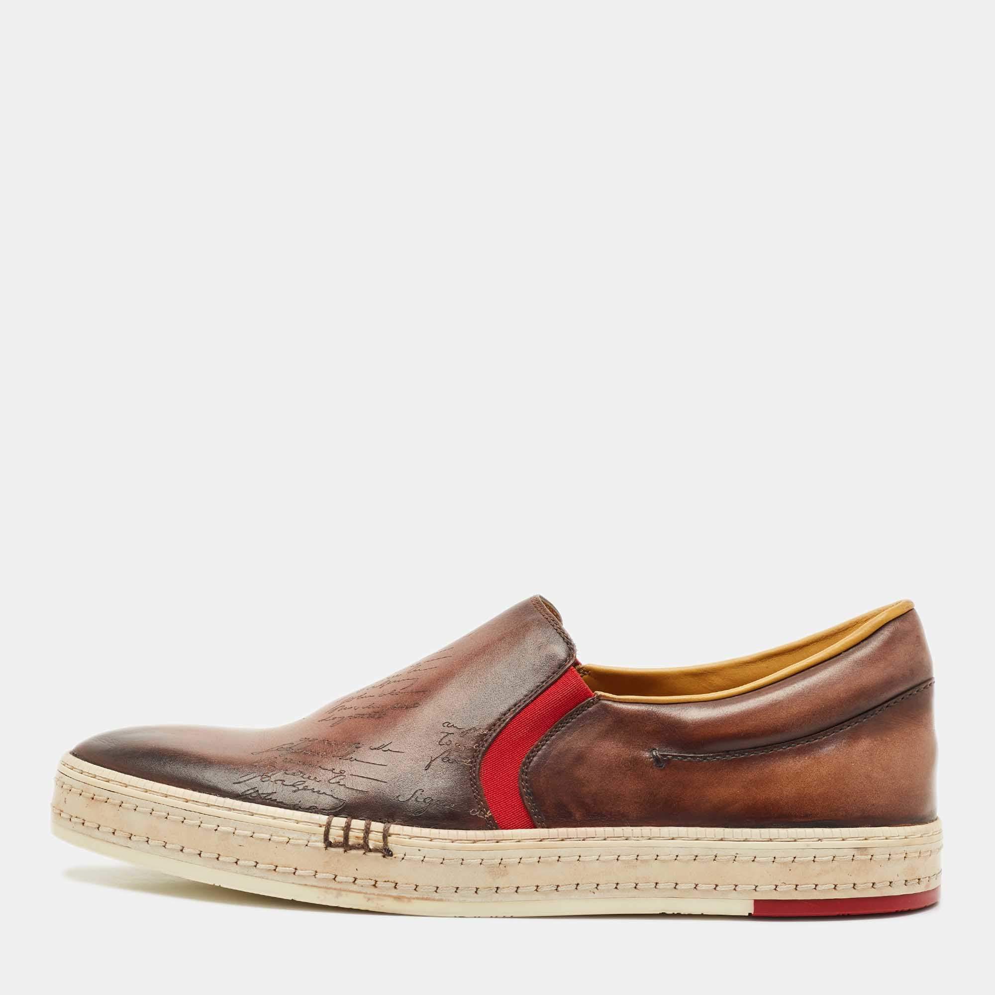 Berluti Brown Leather Playtime Slip On Sneakers Size 43