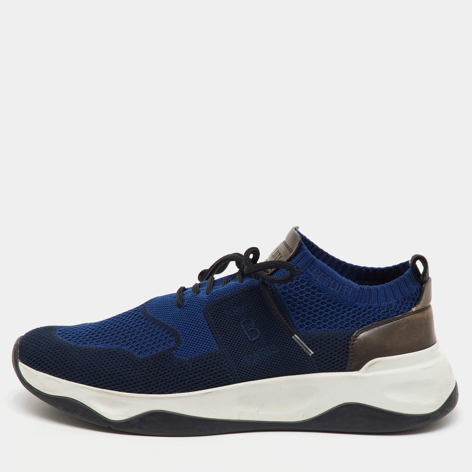 Berluti Navy Blue Knit Fabric and Leather Shadow Sneakers Size 44.5
