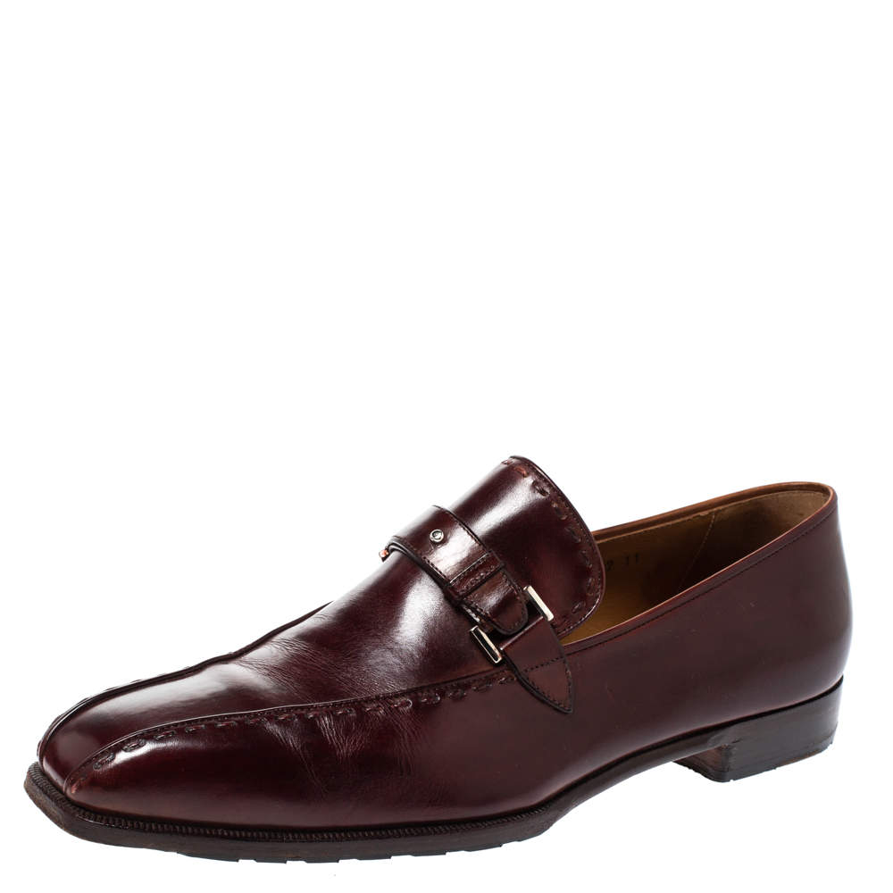 Berluti Bordeaux Leather Vamp Strap And Stitch Detail Slip On Loafers Size 45 