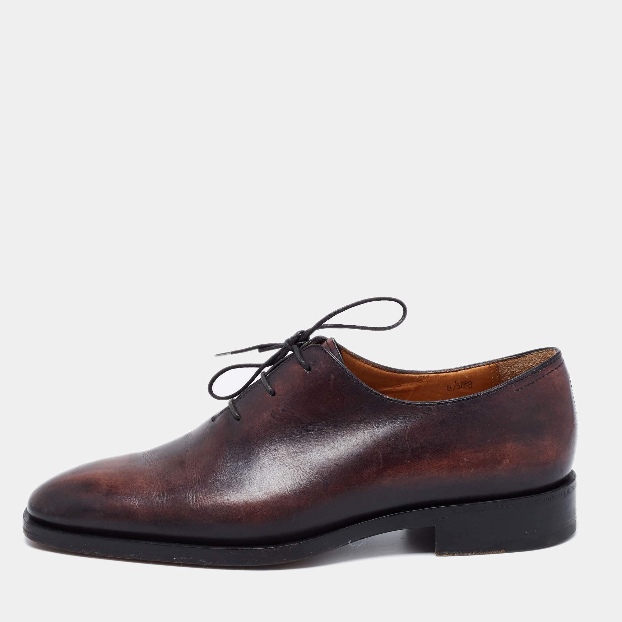 Pre Owned Berluti Burgundy/Black Leather Lorenzo Kangaroo Oxford Size 42
