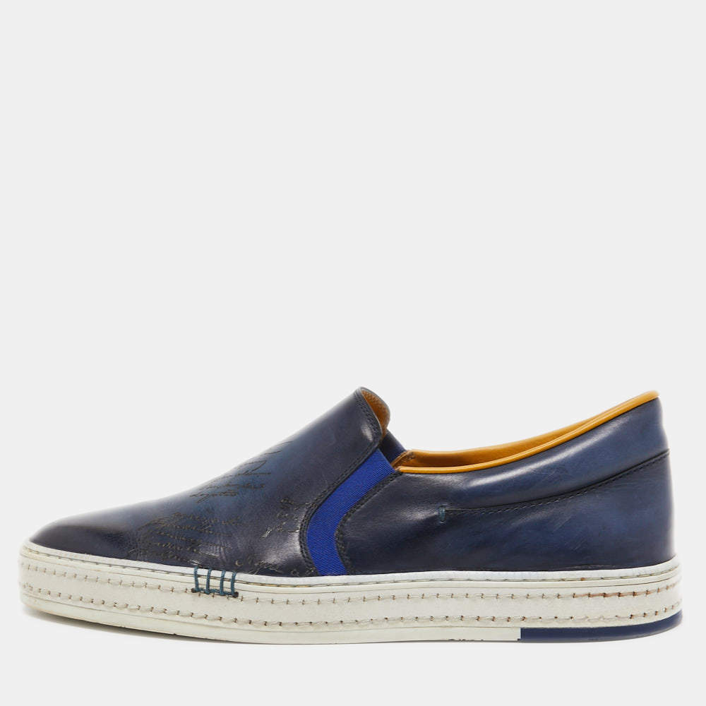 Pre Owned Berluti Blue Leather Eden Scritto Loafers Size 40.5