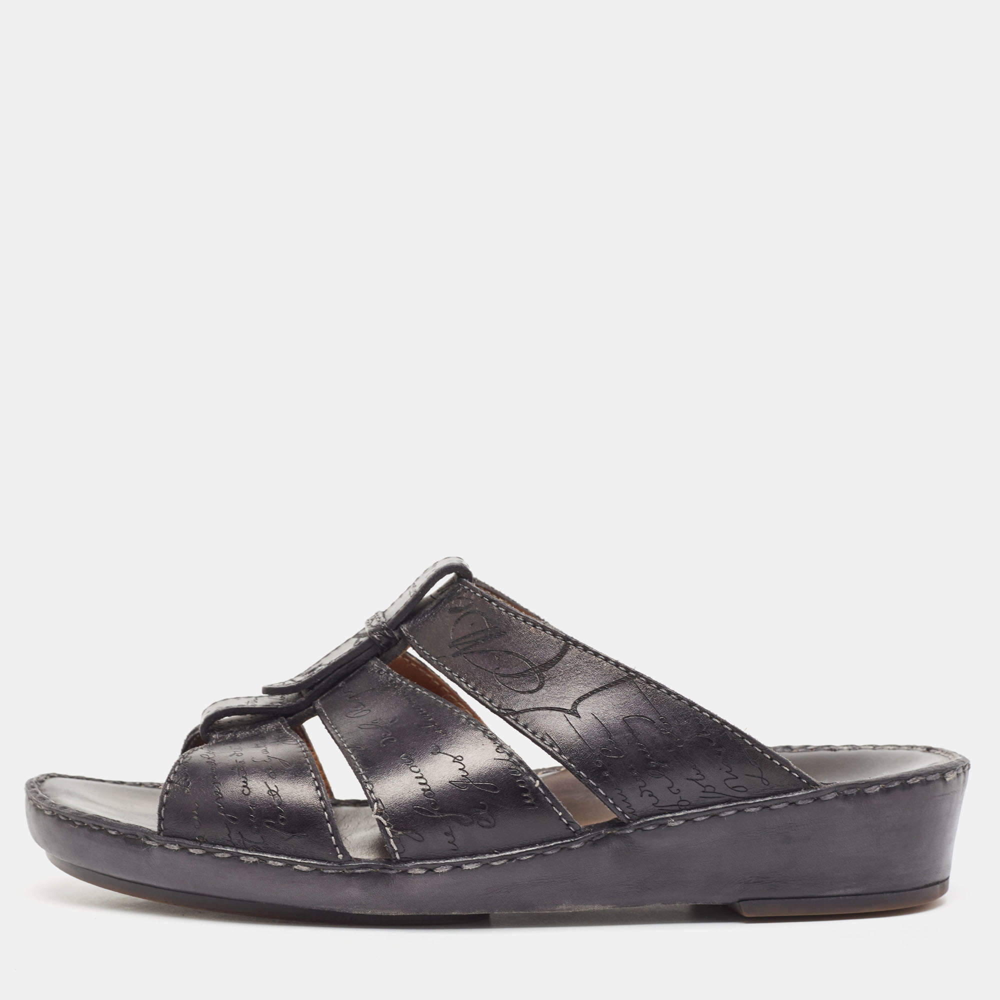 Berluti Black Embossed Leather Slides Size 43.5