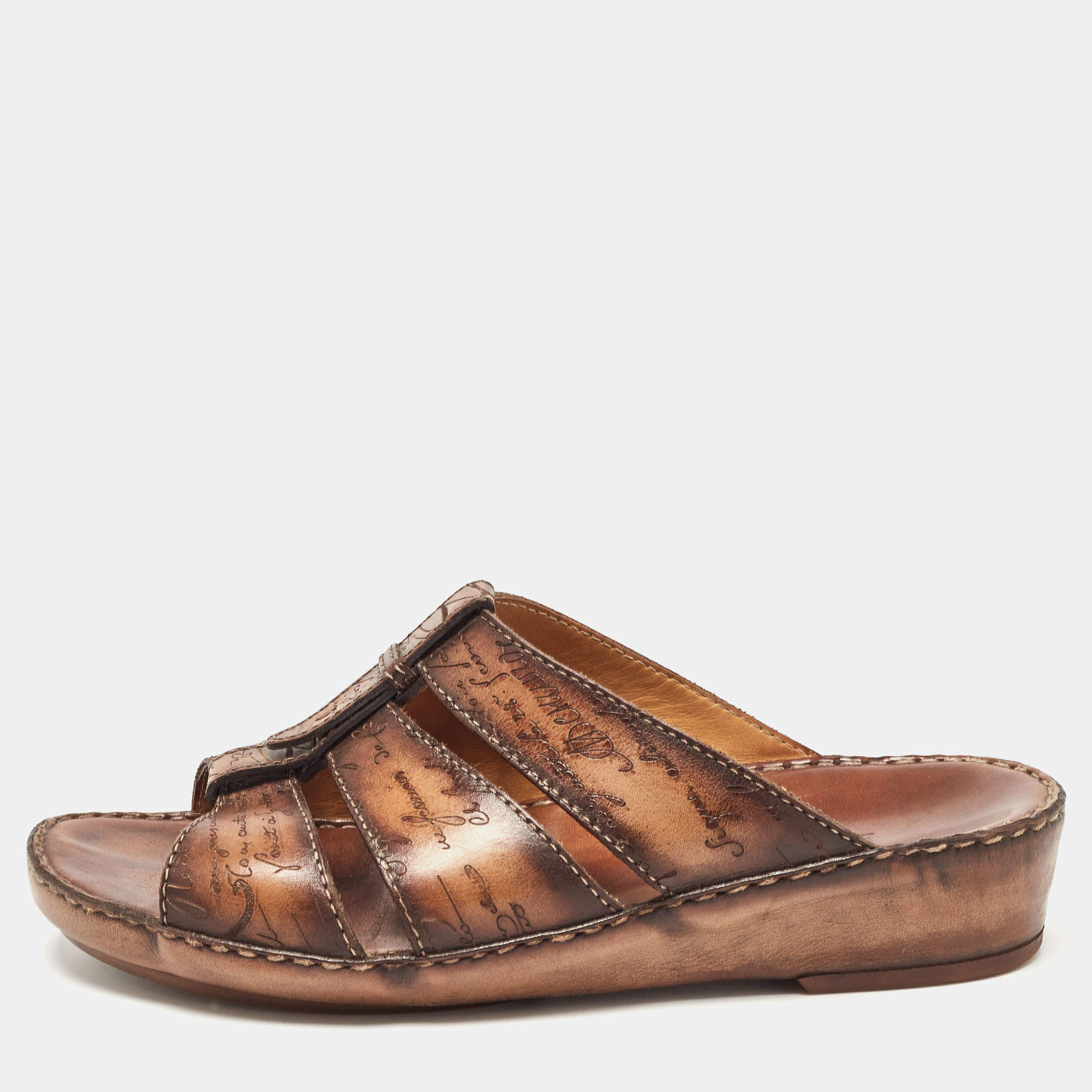 Berluti Brown Scritto Leather Slide Sandals 43.5