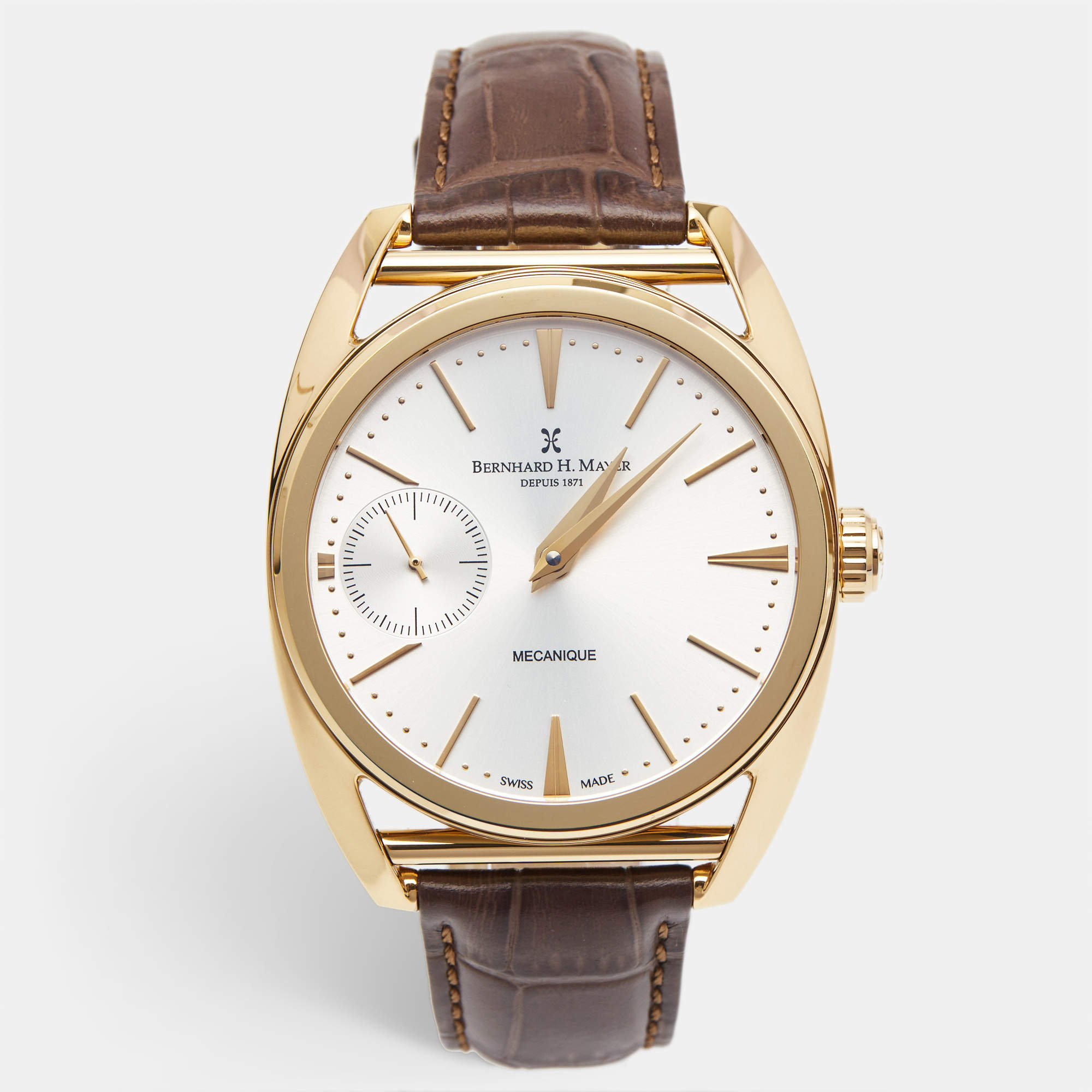 Pre Owned Bernhard H.Mayer Silver Rose Gold PVD Plated Stainless Steel Leather Mecanique BH30/CWR Men's Wristwatch 44 mm