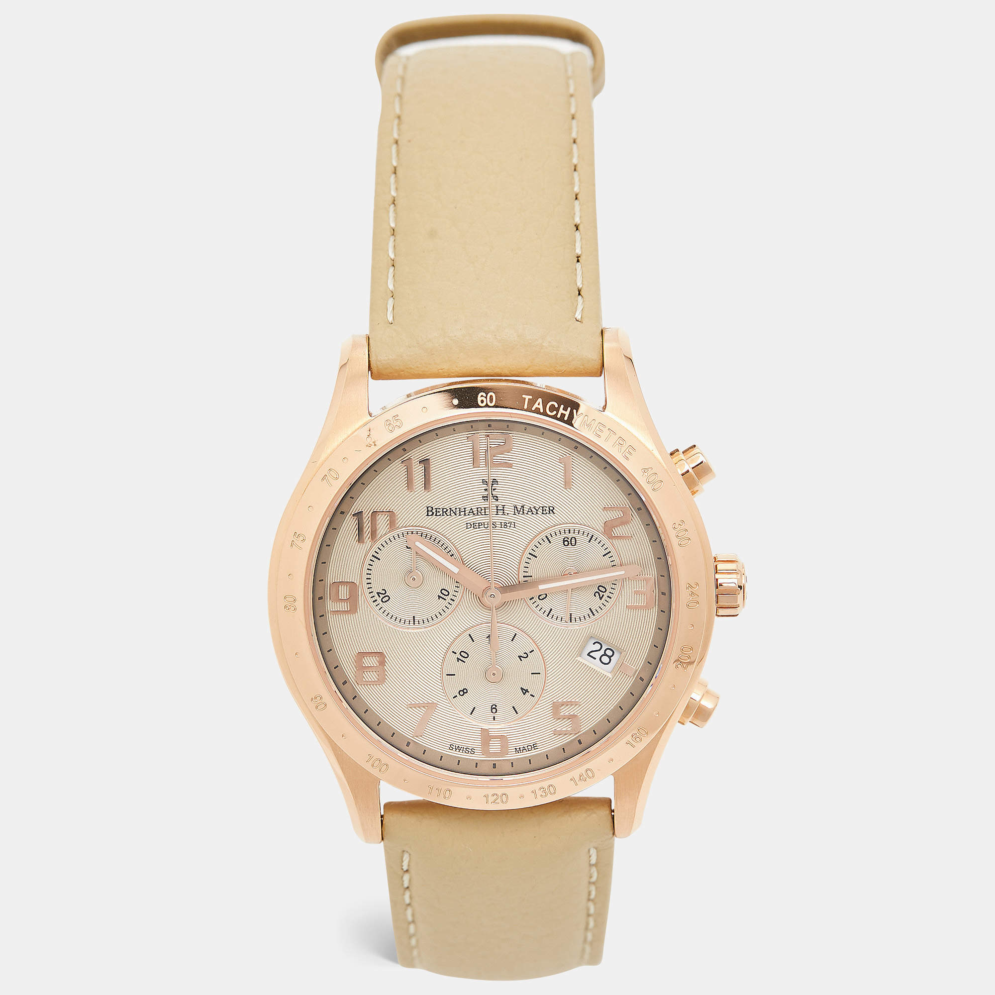 Bernhard H. Mayer Khaki Rose Gold PVD Coated Stainless Steel Leather Iris Chronograph BH13/DWR Unisex Wristwatch 38 mm