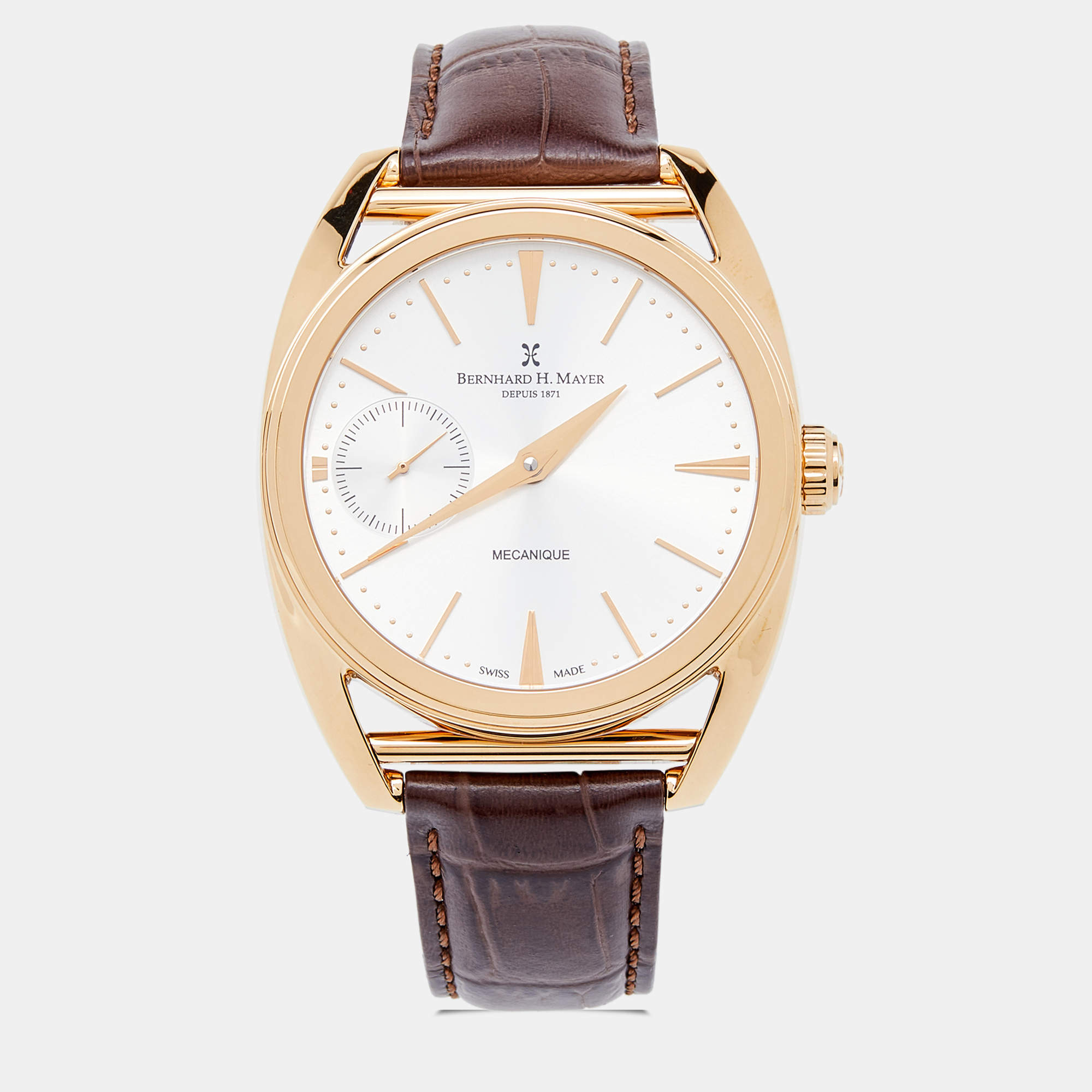 Pre Owned Bernhard H.Mayer Silver Rose Gold PVD Plated Stainless Steel Leather Mecanique BH30/CWR Men's Wristwatch 44 mm