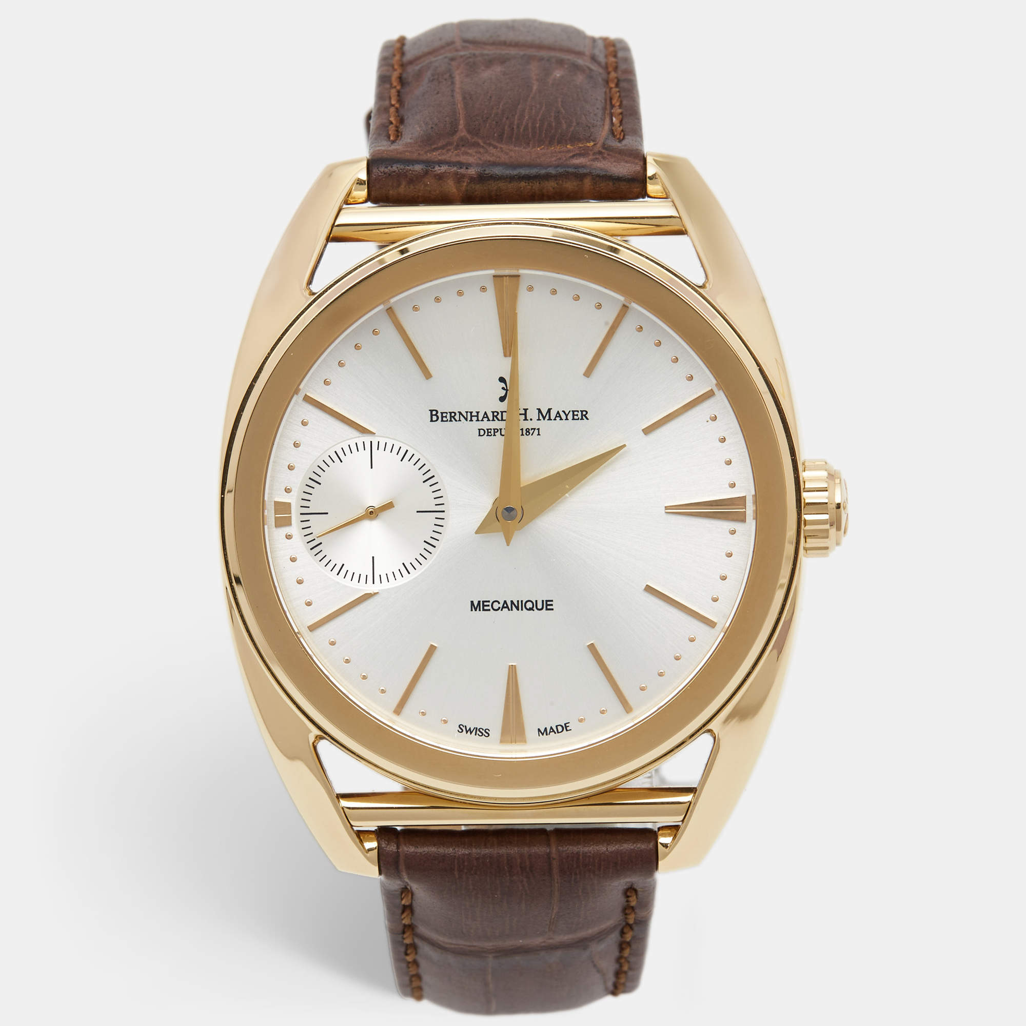 Bernhard H.Mayer Silver Rose Gold PVD Plated Stainless Steel Leather Mecanique BH30/CWR Men's Wristwatch 44 mm