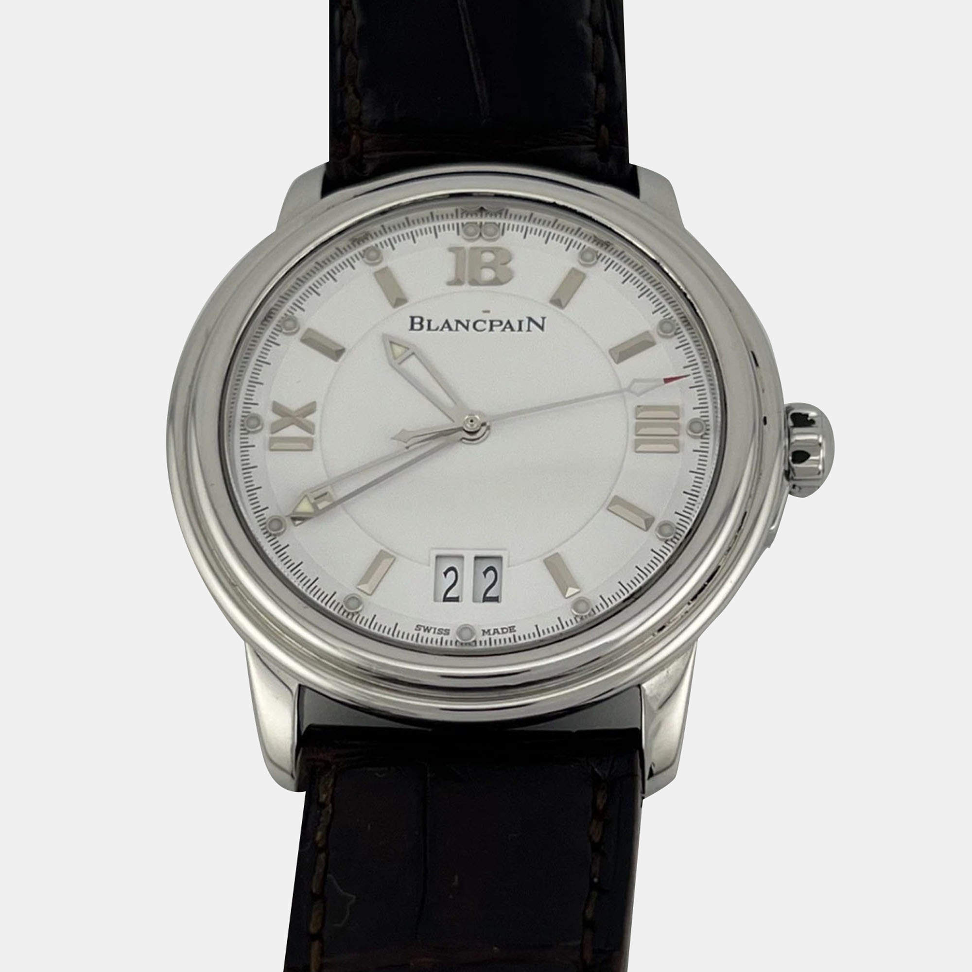 Pre Owned Blancpain Leman Ultra Slim Big Date 2150-1127-53 Automatic White Stainless Steel Men's Wristwatch 38 mm
