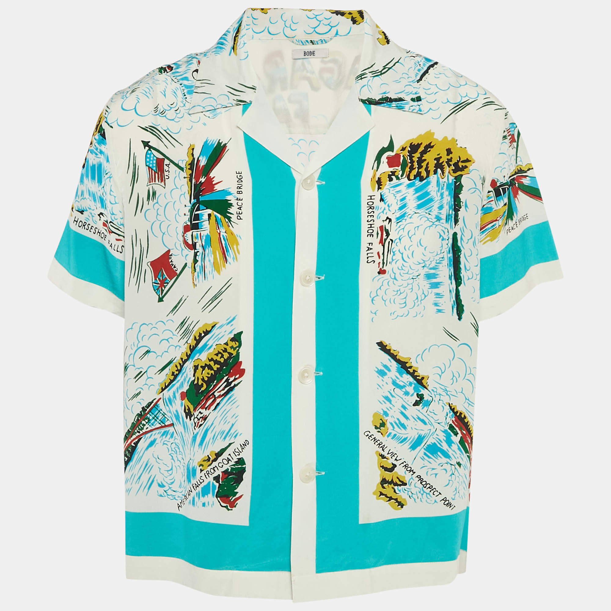 Bode Blue/White Niagara Falls Print Silk Shirt S/M