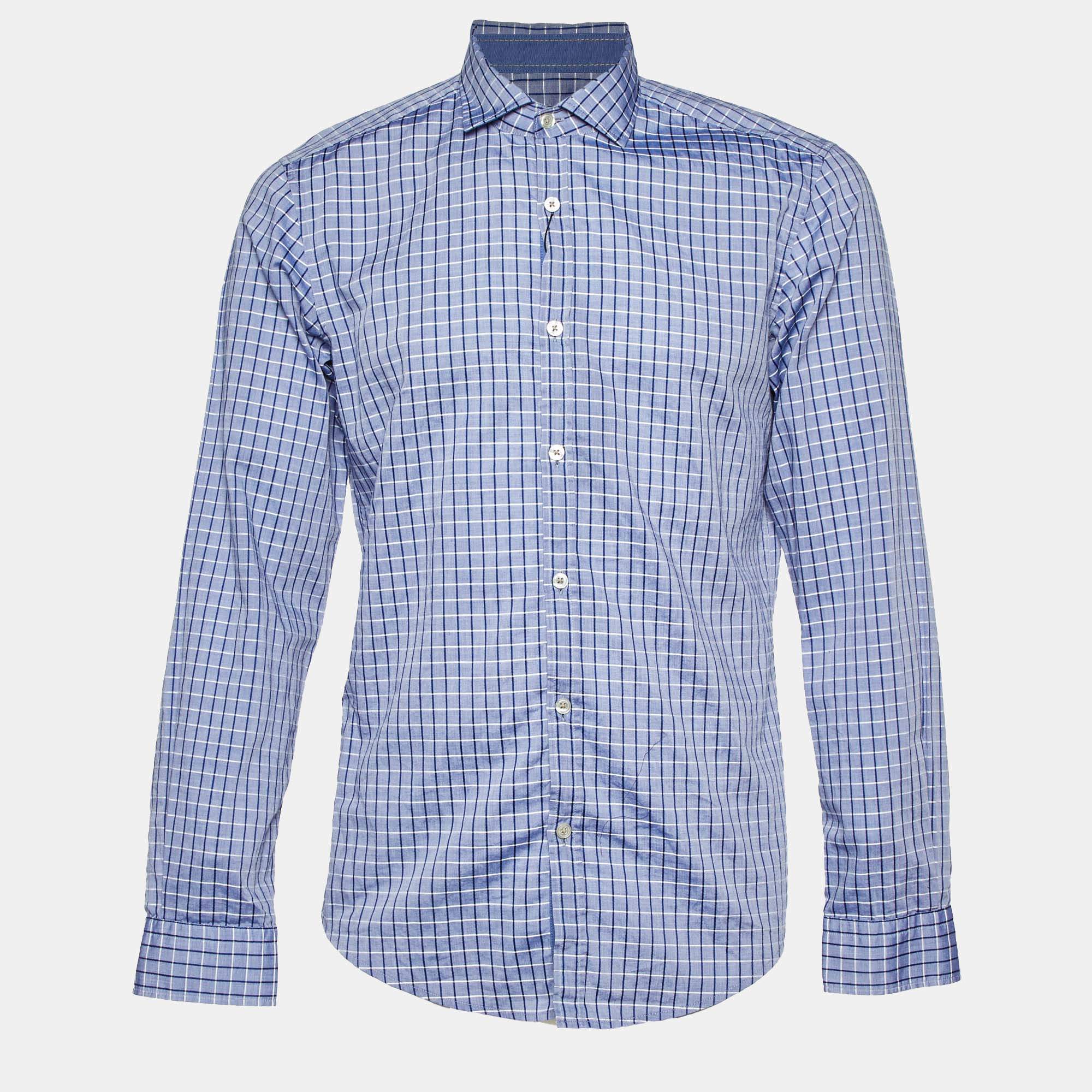Pre Owned Boss By Hugo Boss Blue Checked Cotton Button Front Shirt M