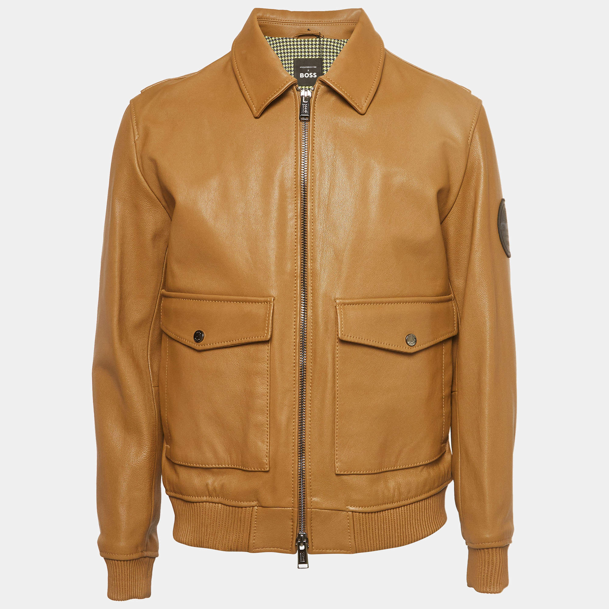 Pre Owned Hugo Boss x Porsche Brown Leather Mylen Bomber Jacket M