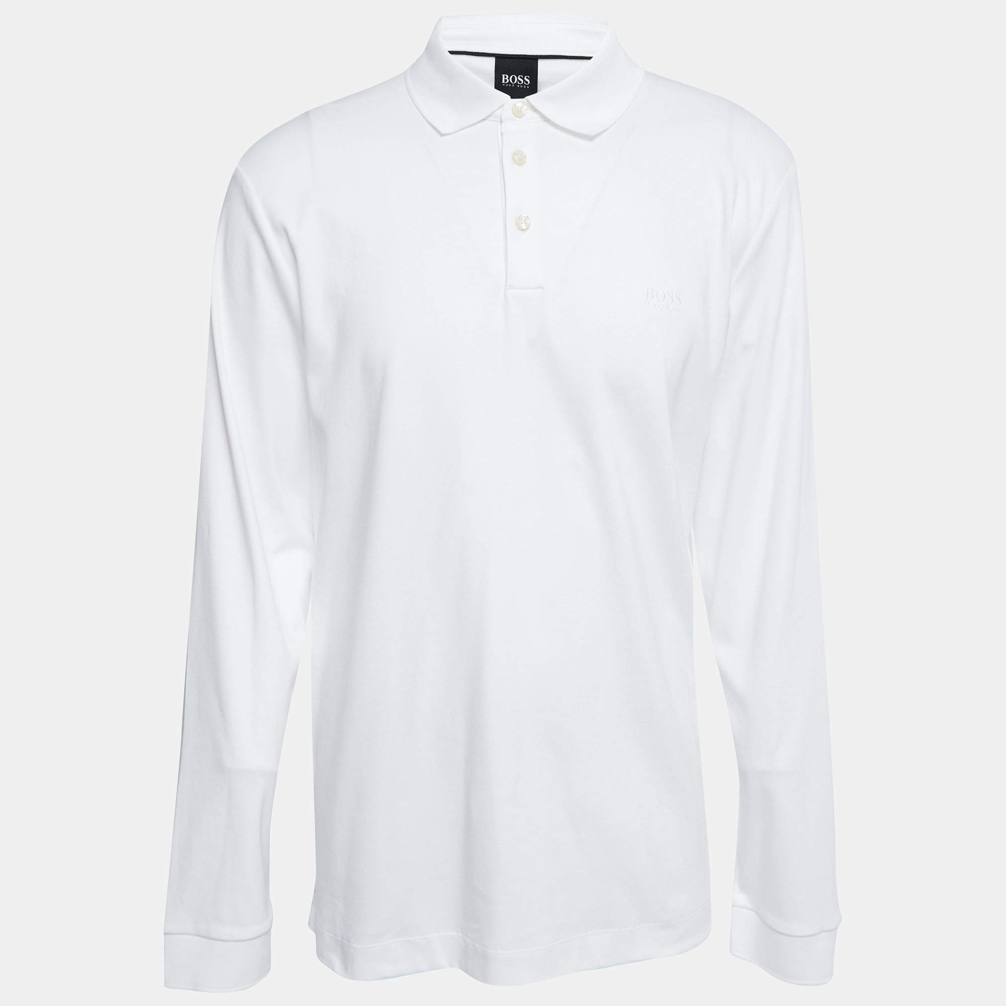 Pre Owned Boss By Hugo Boss White Cotton Long Sleeve Polo T-Shirt XXL