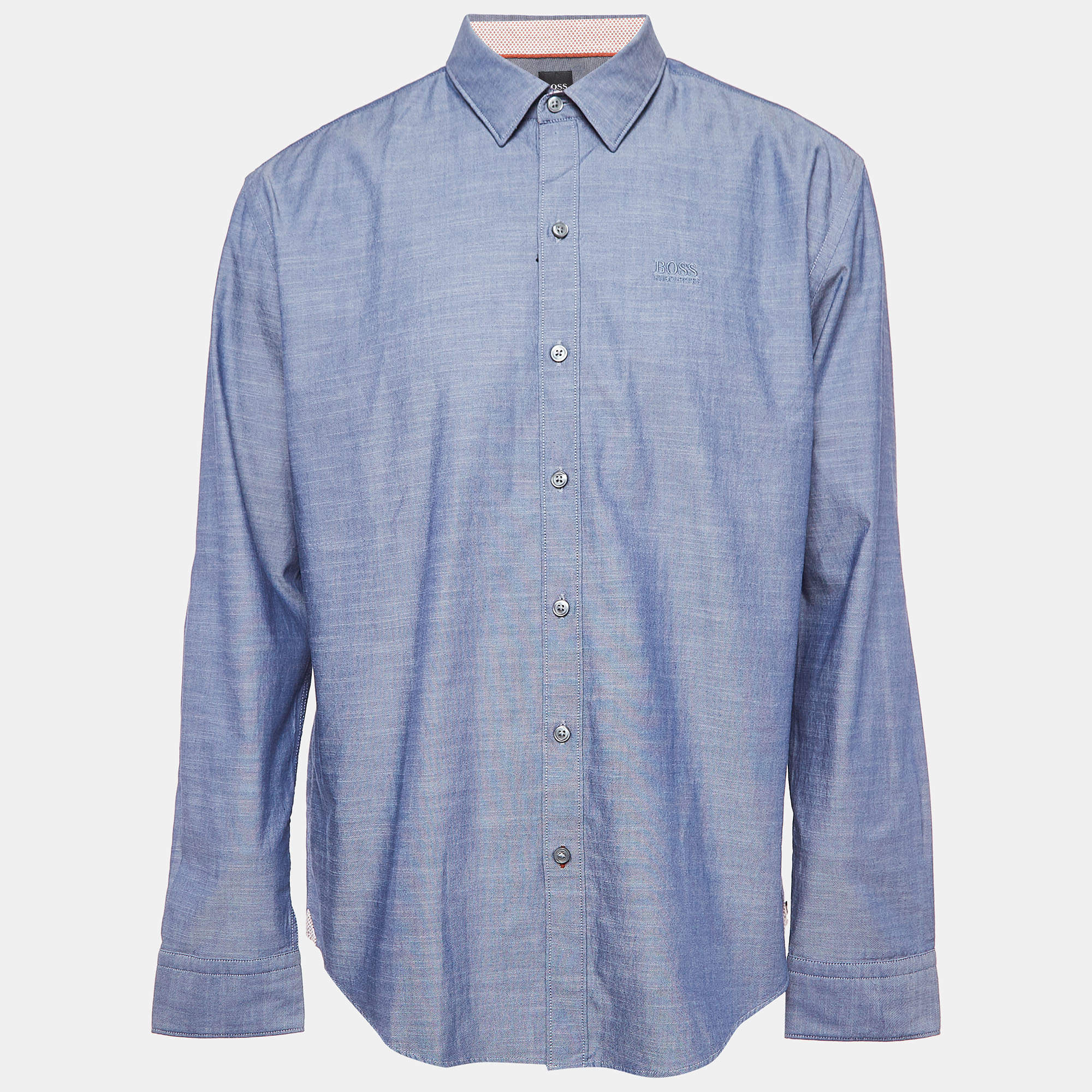 Pre Owned Boss By Hugo Boss Blue Logo Embroidered Cotton Sharp Fit Shirt XXL