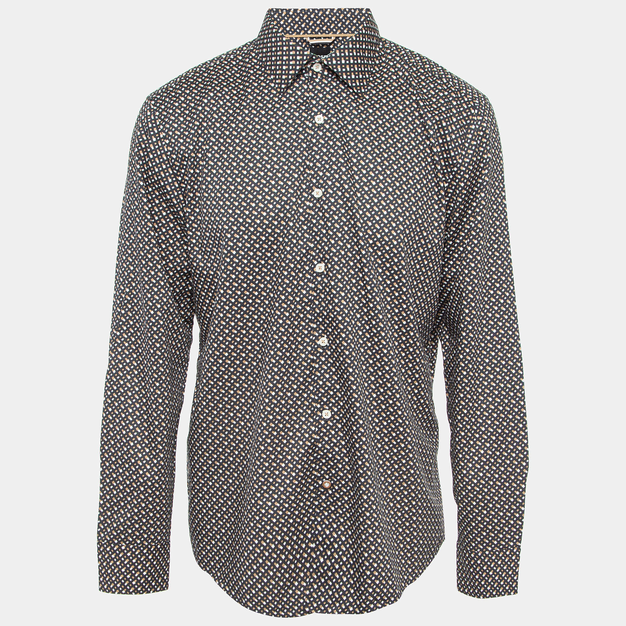 Pre Owned Boss By Hugo Boss Multicolor Monogram Tencel Long Sleeve Shirt XL