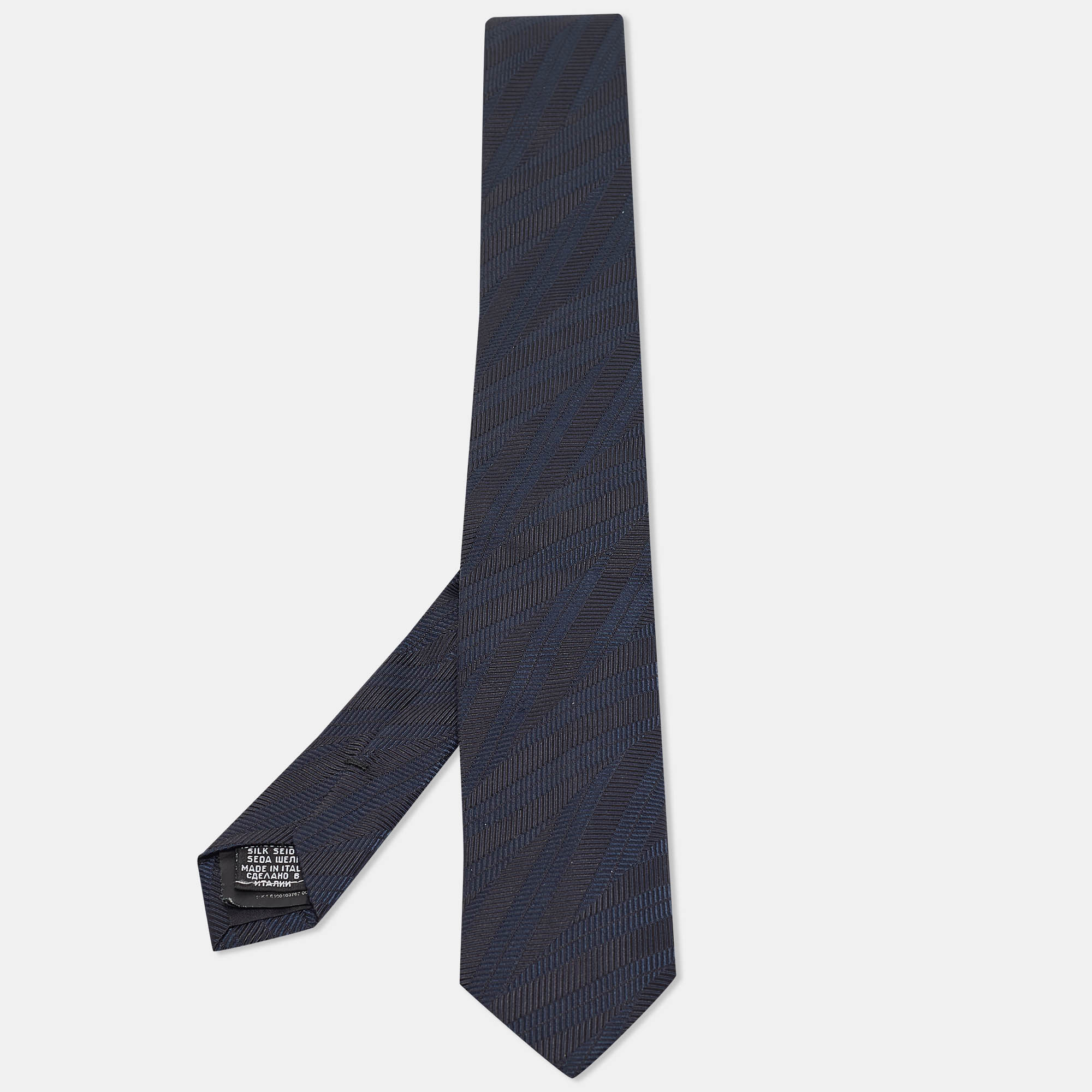 Pre Owned Boss by Hugo Boss Navy Blue Jacquard Silk Skinny Tie 