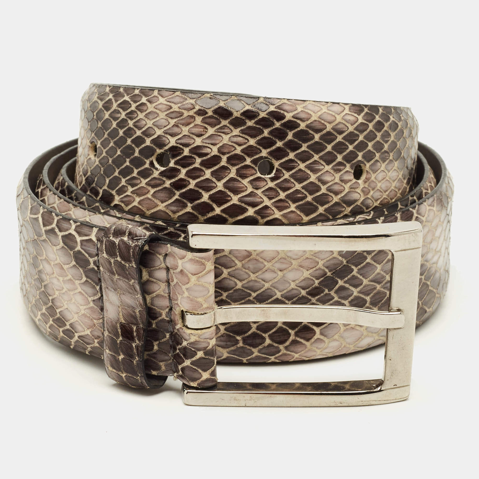 Pre Owned Boss By Hugo Boss 95CM Buckle Belt Grey/Mauve Snakeskin Embossed Leather