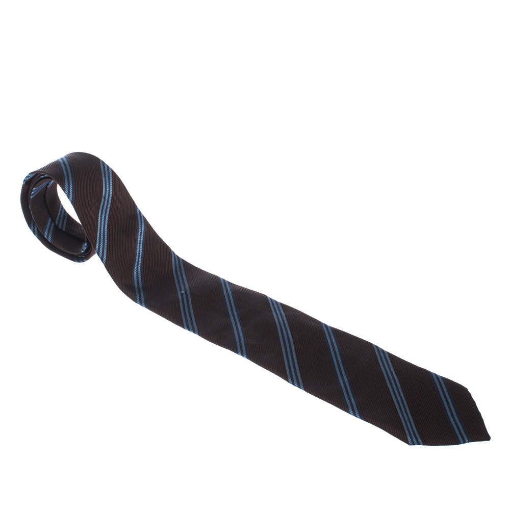 Pre Owned Boss By Hugo Boss Brown & Blue Diagonal Stripes Silk Jacquard Traditional Tie