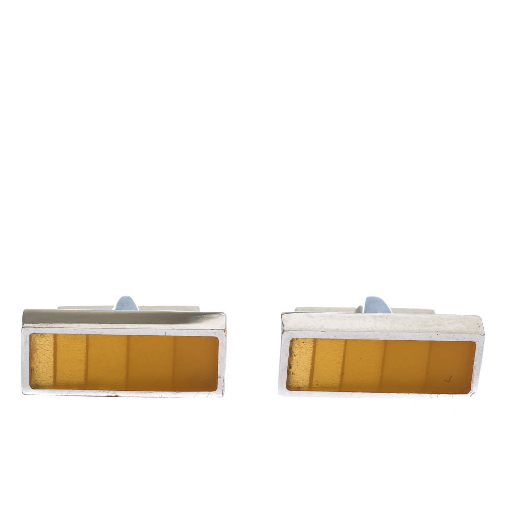 Boss By Hugo Boss Yellow Enamel Silver Tone Rectangular Cufflinks