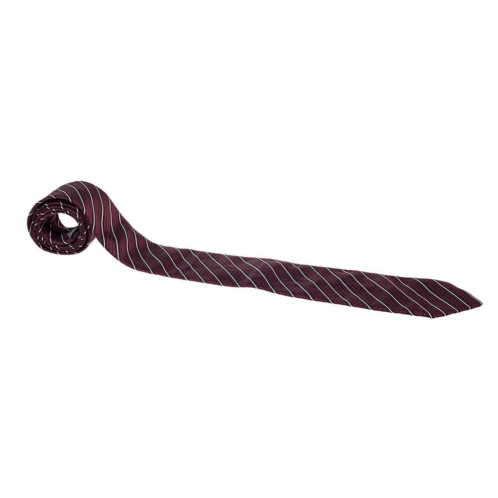 Pre Owned Boss By Hugo Boss Maroon Diagonal Striped Silk Tie 