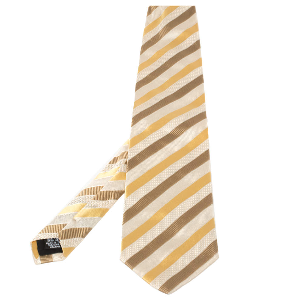 ربطة عنق بوس باي هوغو بوس حرير مخطط أصفر وبيج
