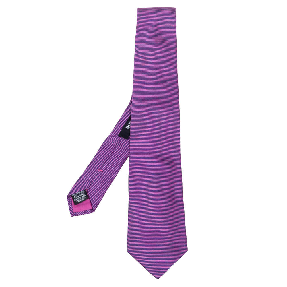 Pre Owned Boss By Hugo Boss Purple Striped Silk Narrow Tie