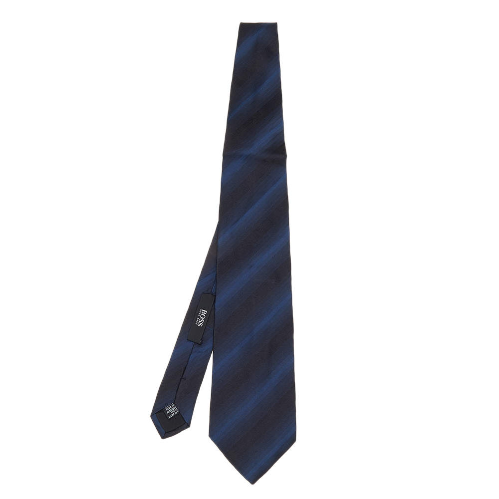 Pre Owned Boss By Hugo Boss Black & Blue Striped Silk Tie