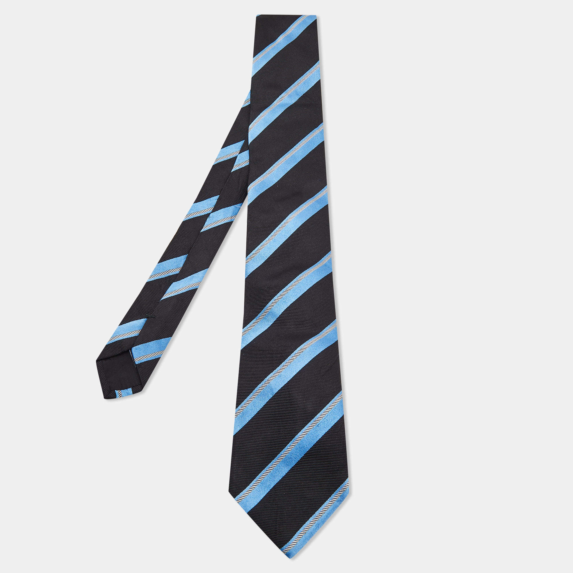 مملوكة مسبقًا Boss By Hugo Boss Black & Blue Striped Silk Jacquard Tie
