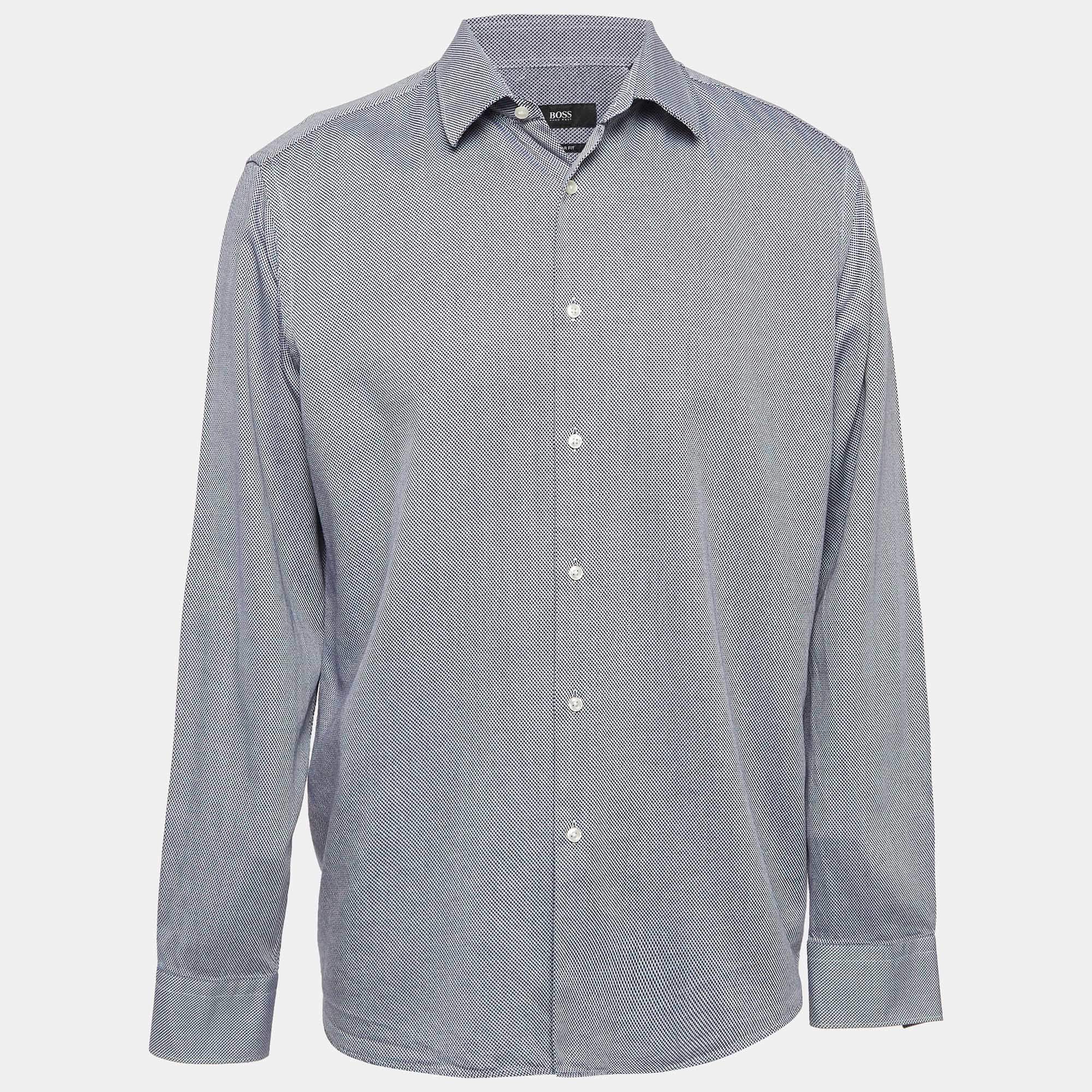 Pre Owned Boss By Hugo Boss Blue Patterned Cotton Regular Fit Shirt XXL