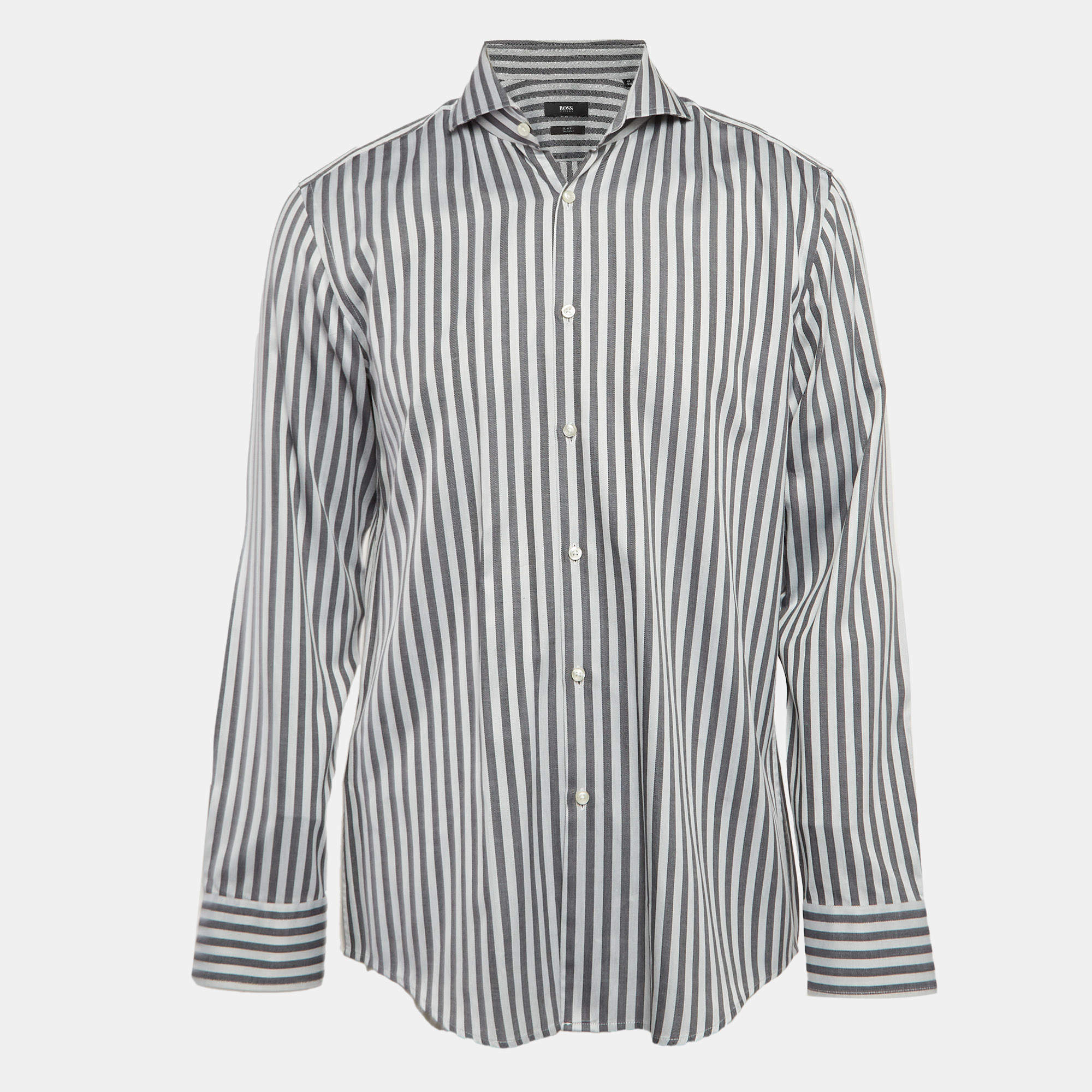 Pre Owned Boss By Hugo Boss Grey Stripe Cotton Slim Fit Shirt XL
