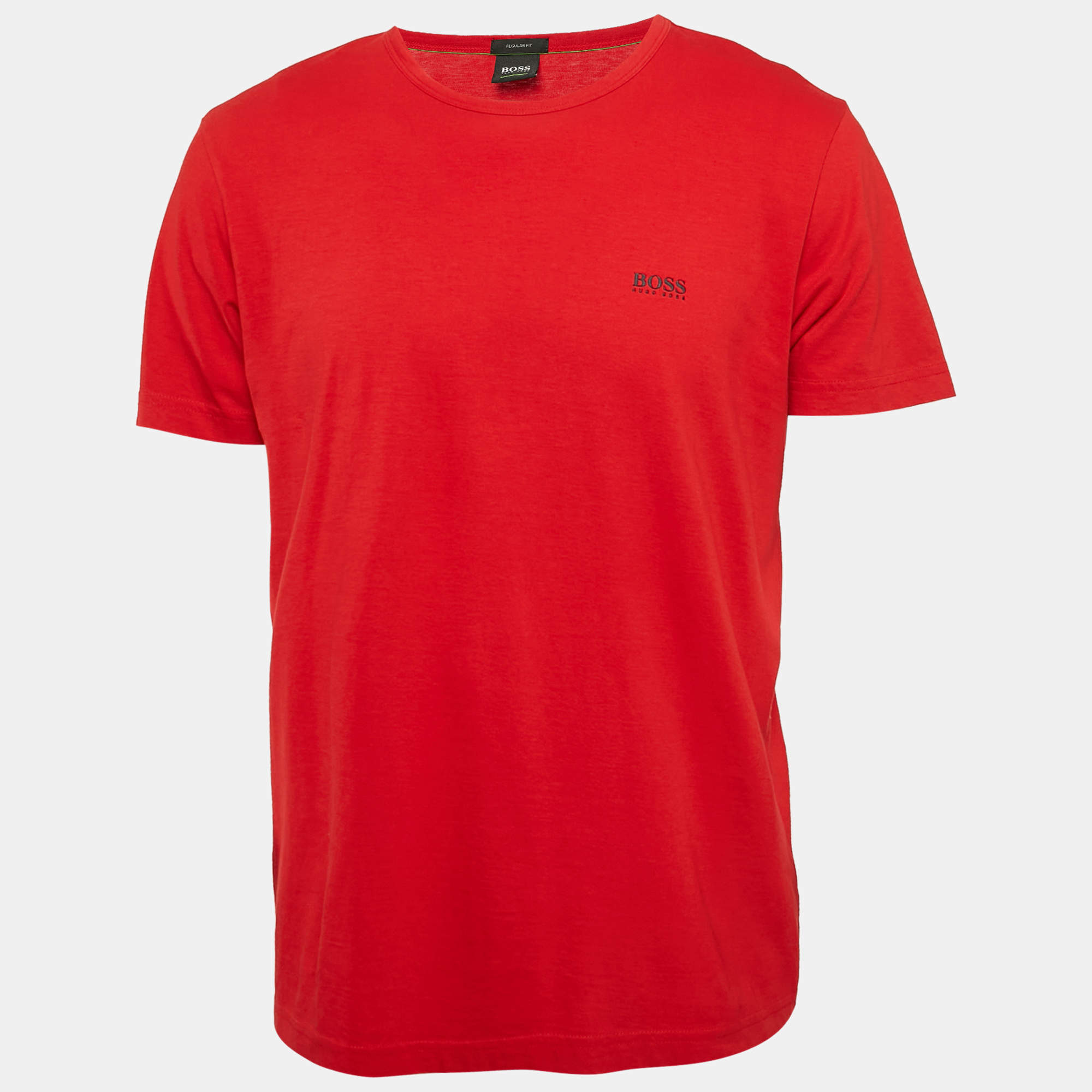 Pre Owned Boss By Hugo Boss Red Logo Print Jersey Crew Neck T-Shirt L