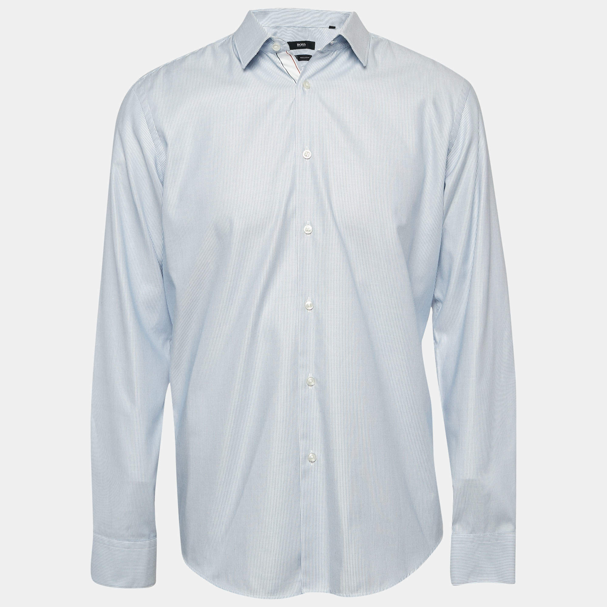 Pre Owned Boss By Hugo Boss Blue Striped Cotton Regular Fit Elliott Shirt L