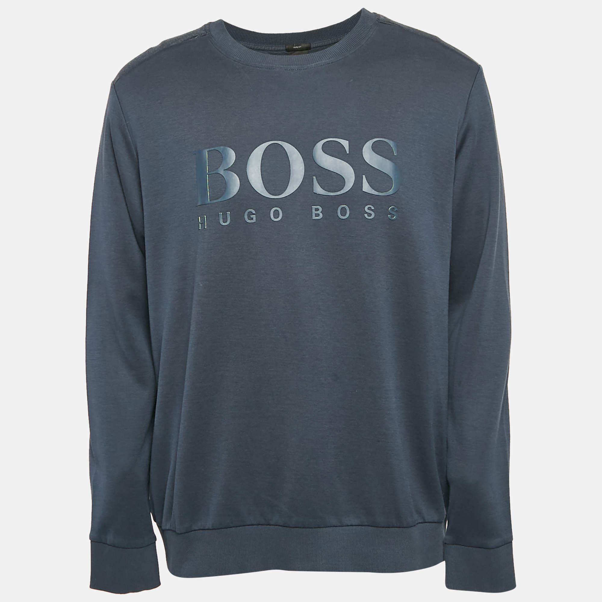 Pre Owned Boss by Hugo Boss Blue Logo Print Cotton Knit Sweatshirt XXL
