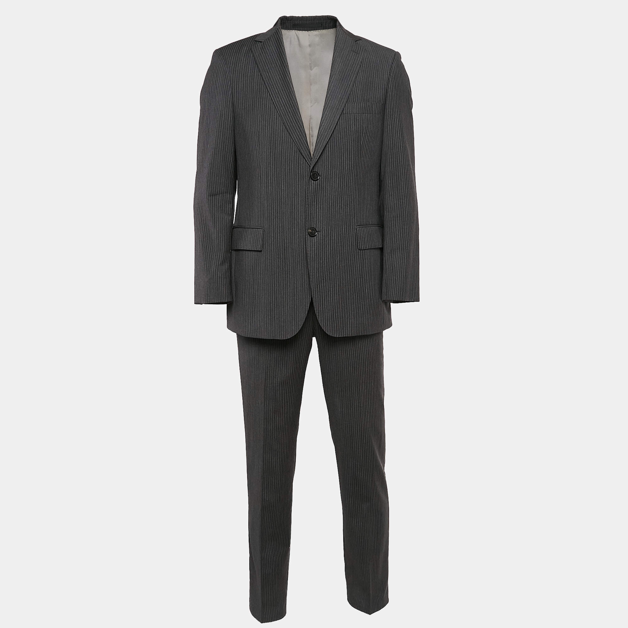 Boss By Hugo Boss Grey Pinstripe Wool Single Breasted Pants Suit S