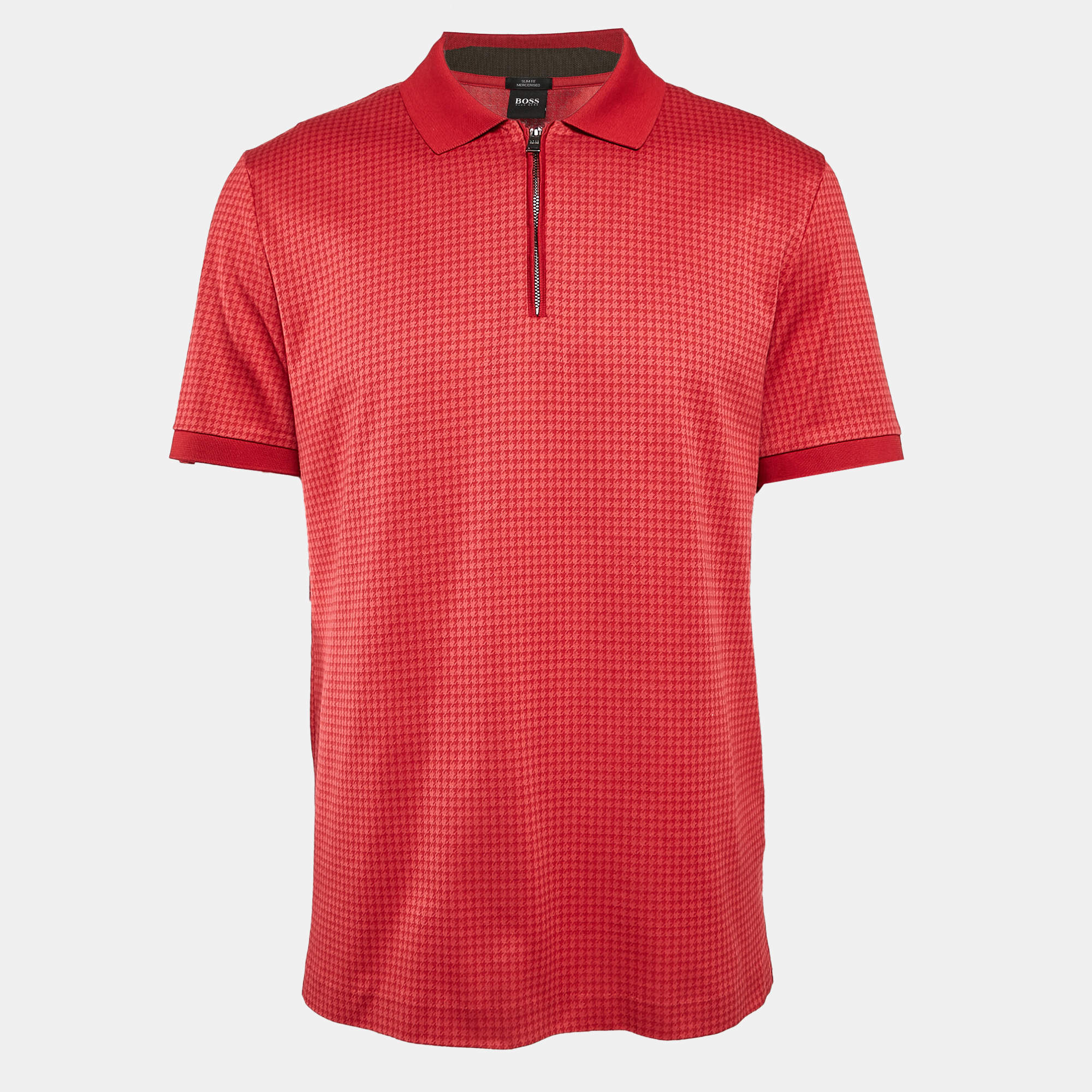 Pre Owned Boss By Hugo Boss Red Houndstooth Jersey Slim Fit Polo T-Shirt XL