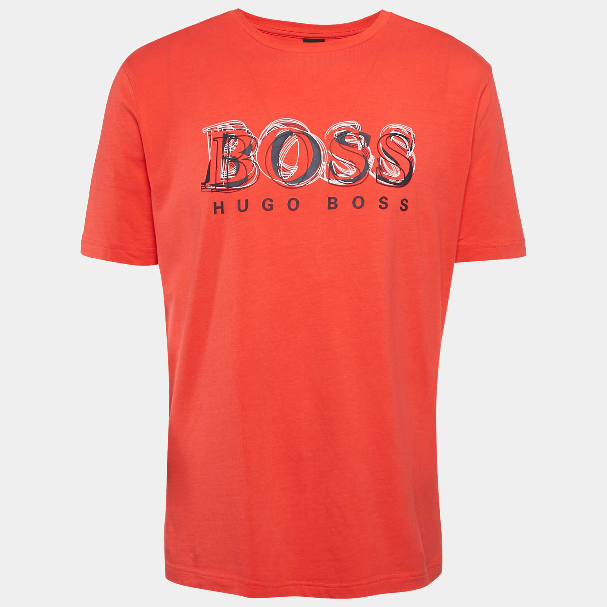 Pre Owned Boss By Hugo Boss Red Logo Print Cotton Crew Neck T-Shirt L