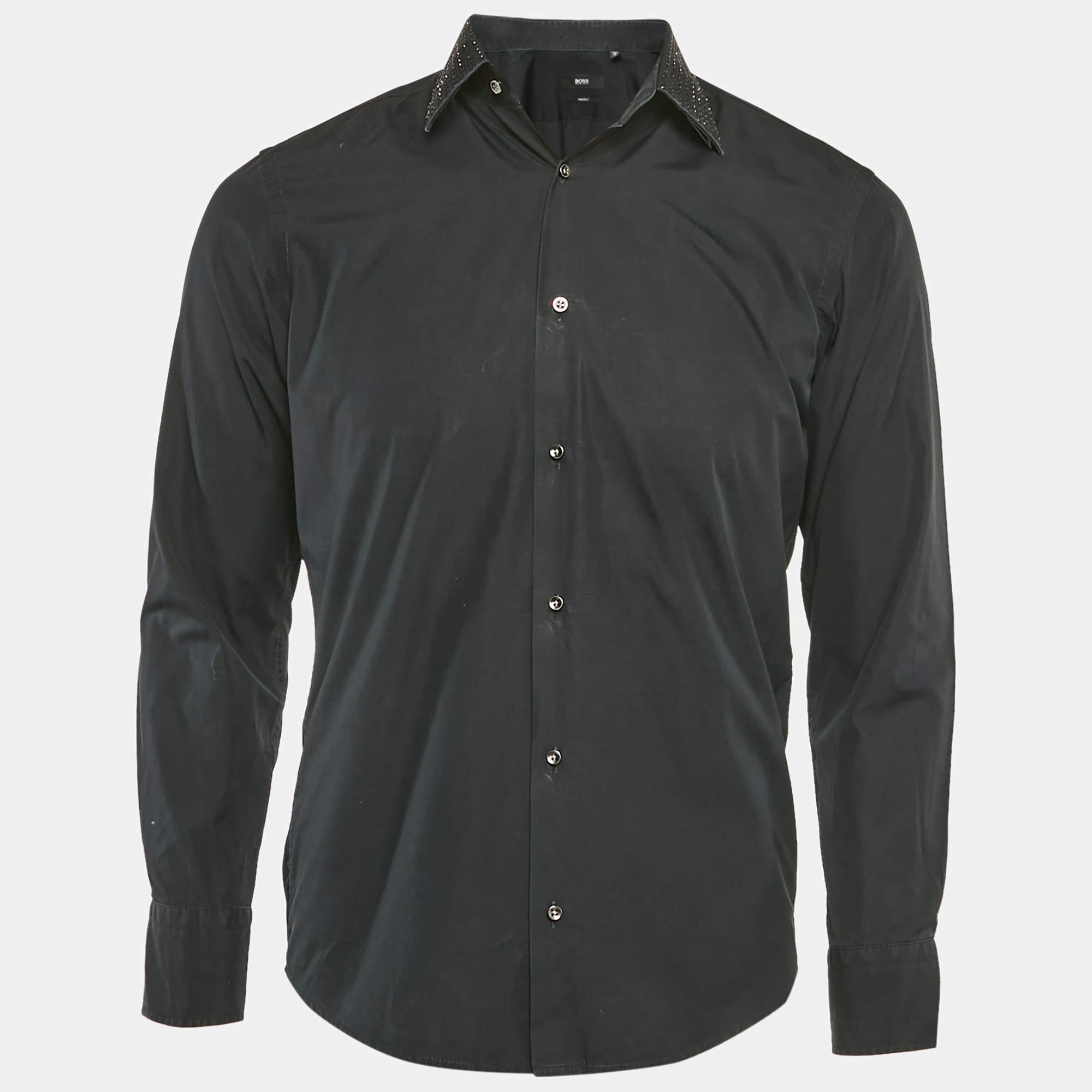 Boss By Hugo Boss Black Two Ply Cotton Collar Embellished Shirt S