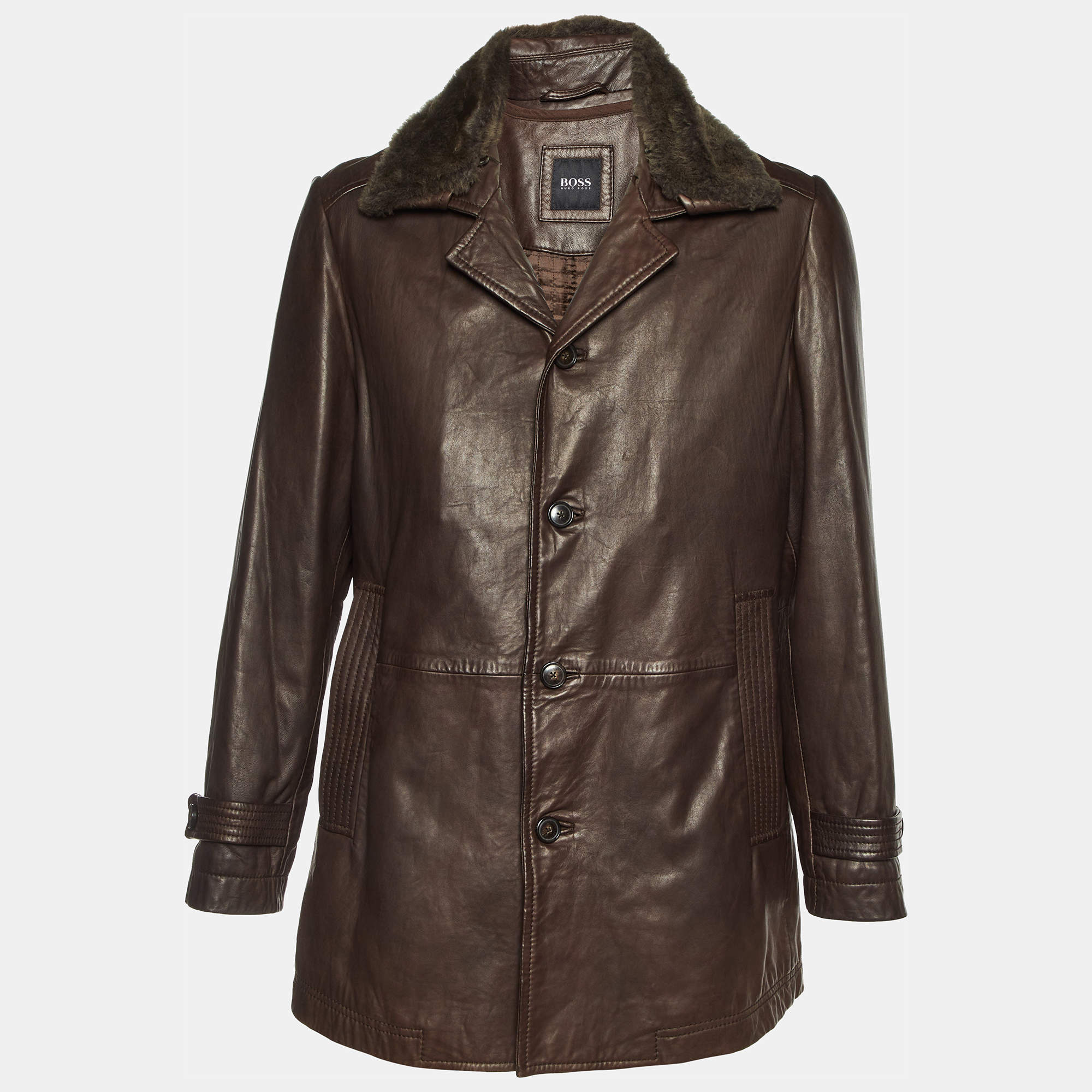 Pre Owned Boss by Hugo Boss Brown Fur Trim Leather Jacket with Vest M