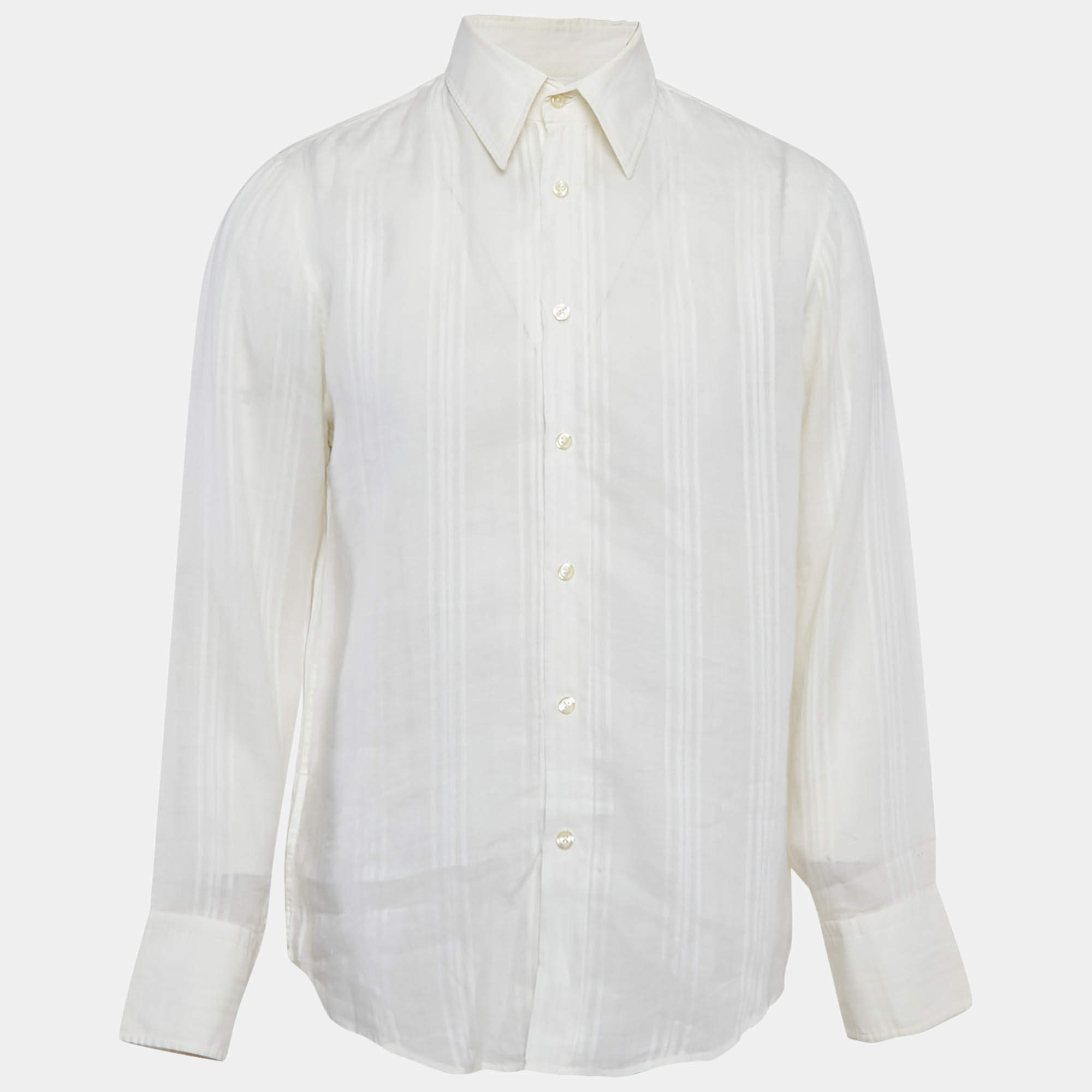 Pre Owned Boss By Hugo Boss White Striped Ramie Button Front Shirt L