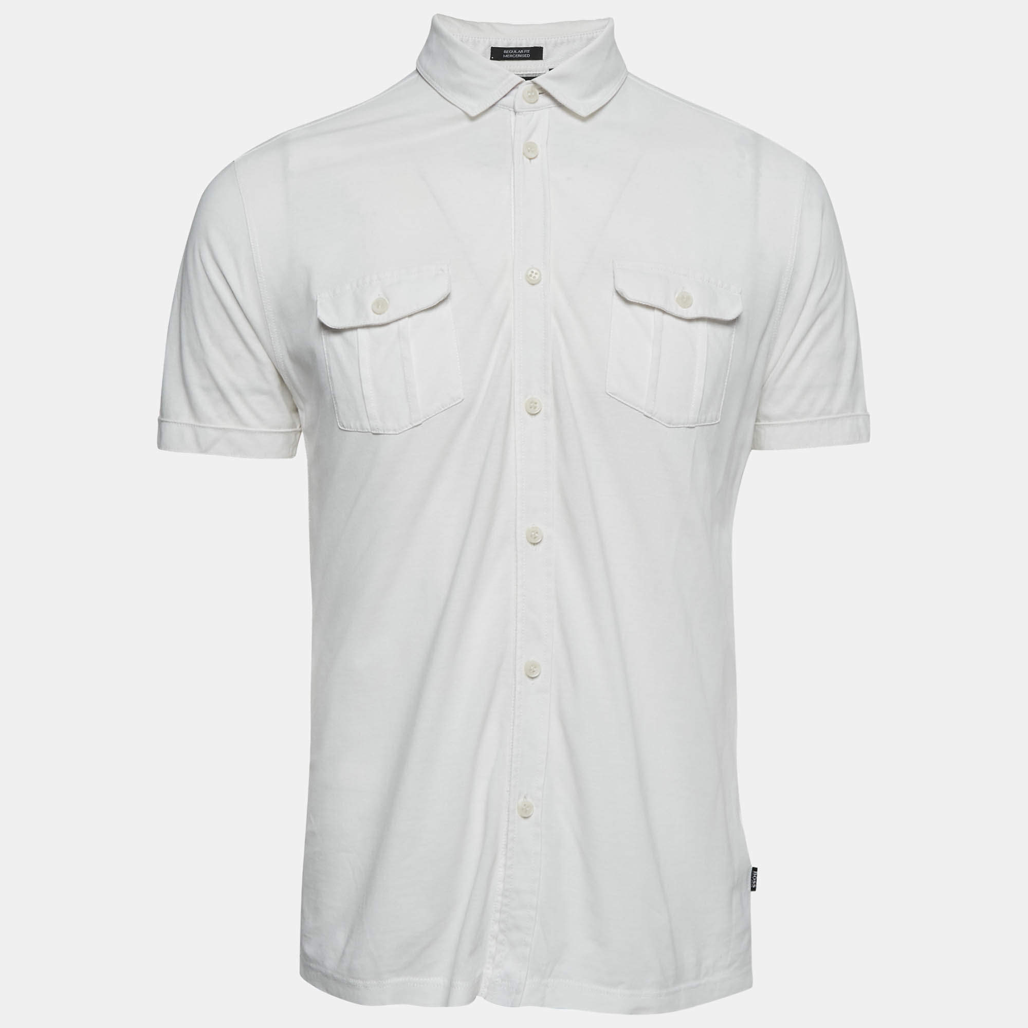 Boss By Hugo Boss White Cotton Knit Button Front Lapra Shirt L