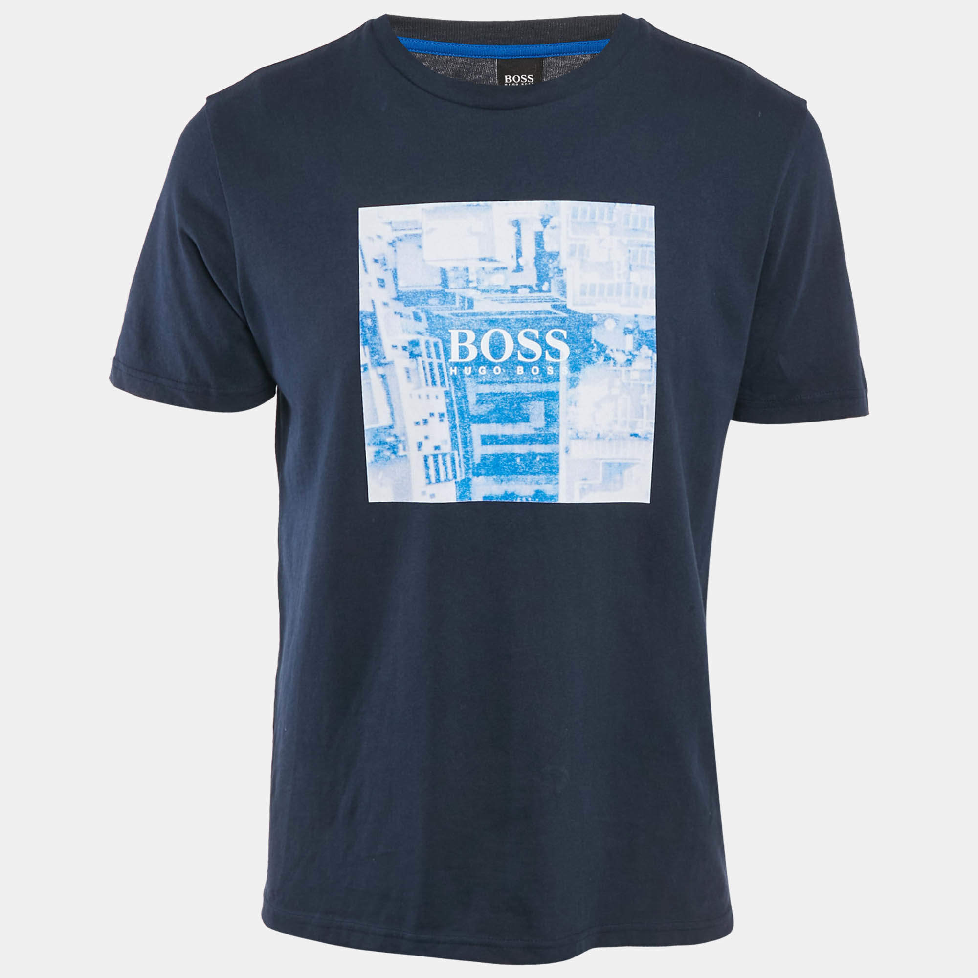 Pre Owned Boss by Hugo Boss Navy Blue Print Cotton Crew Neck T-Shirt M