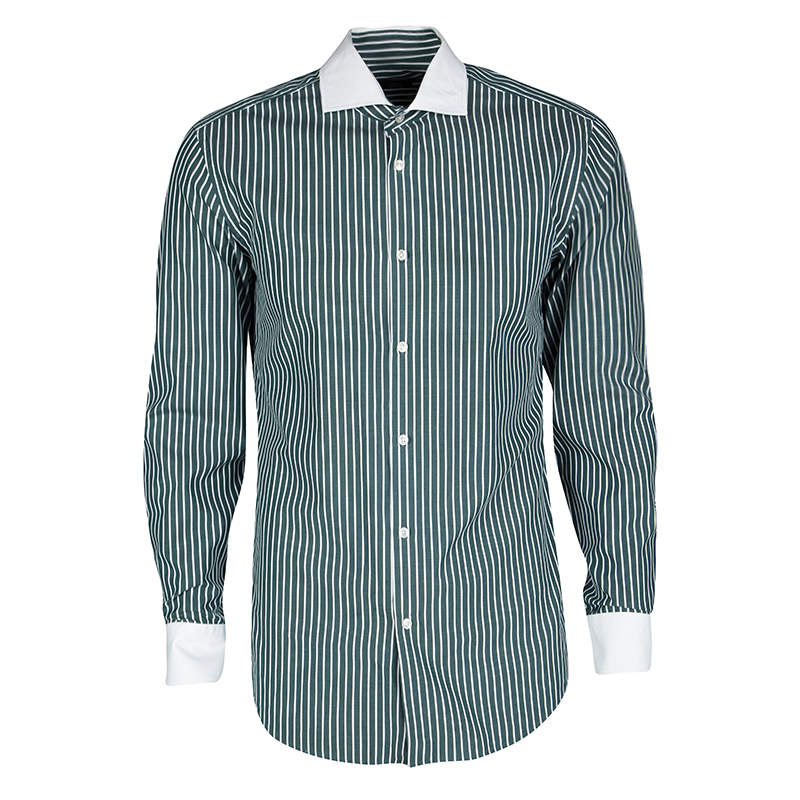 Pre Owned Boss By Hugo Boss Green and White Striped Long Sleeve Slim Fit Jonah Shirt S