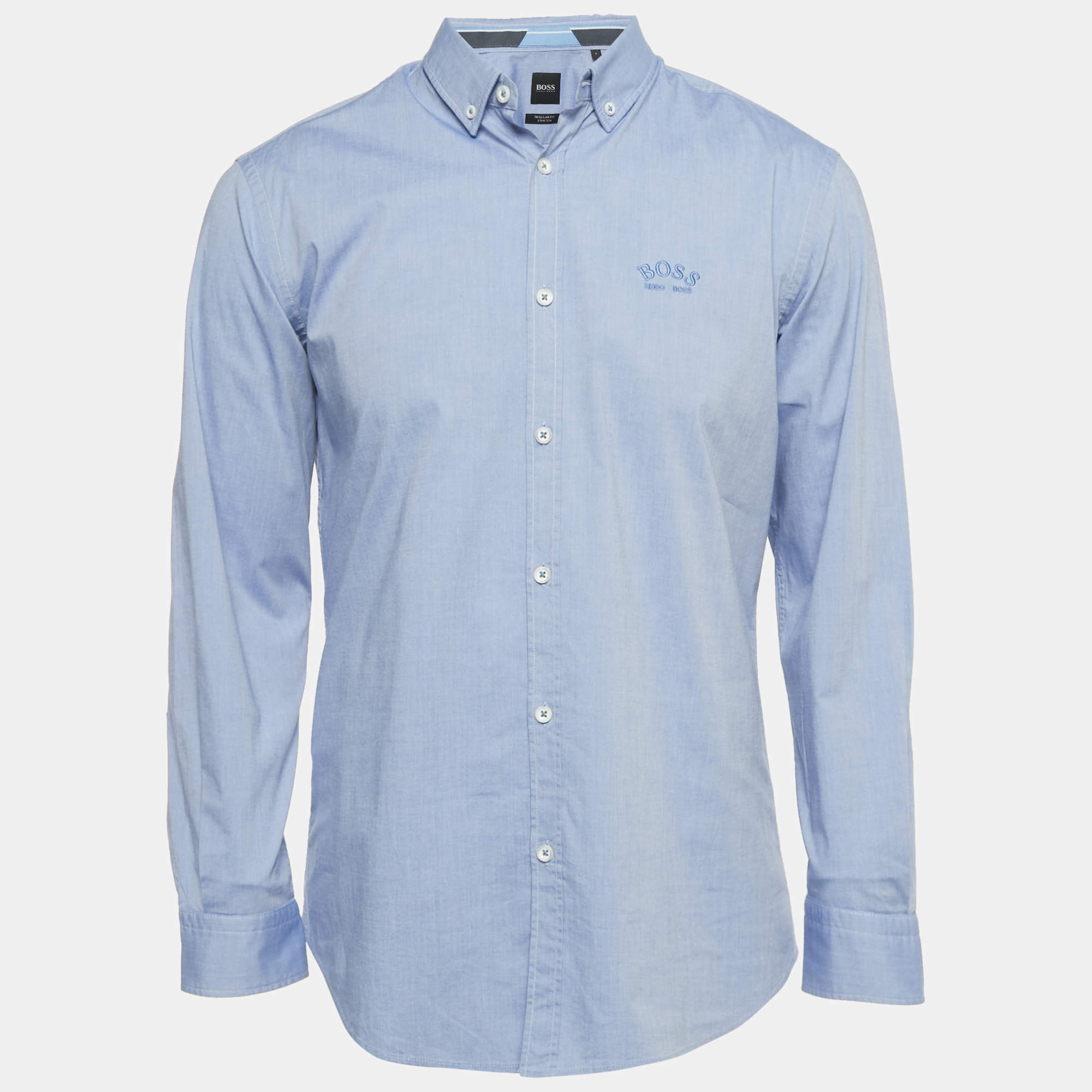 Pre Owned Boss Hugo Boss Blue Embroidered Logo Cotton Regular Fit Stretch Shirt L