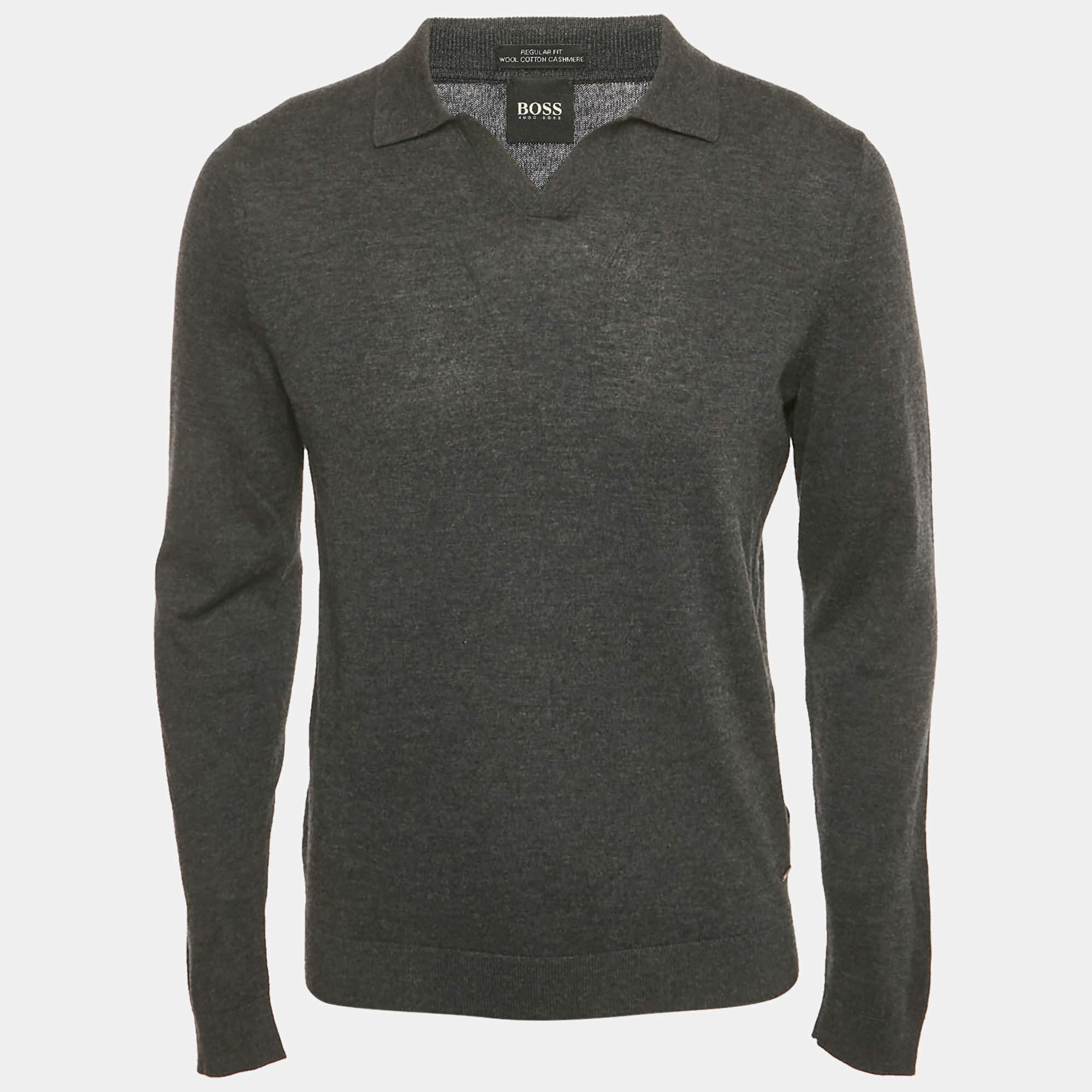 Pre Owned Boss By Hugo Boss Grey Wool Knit Collar Pullover M